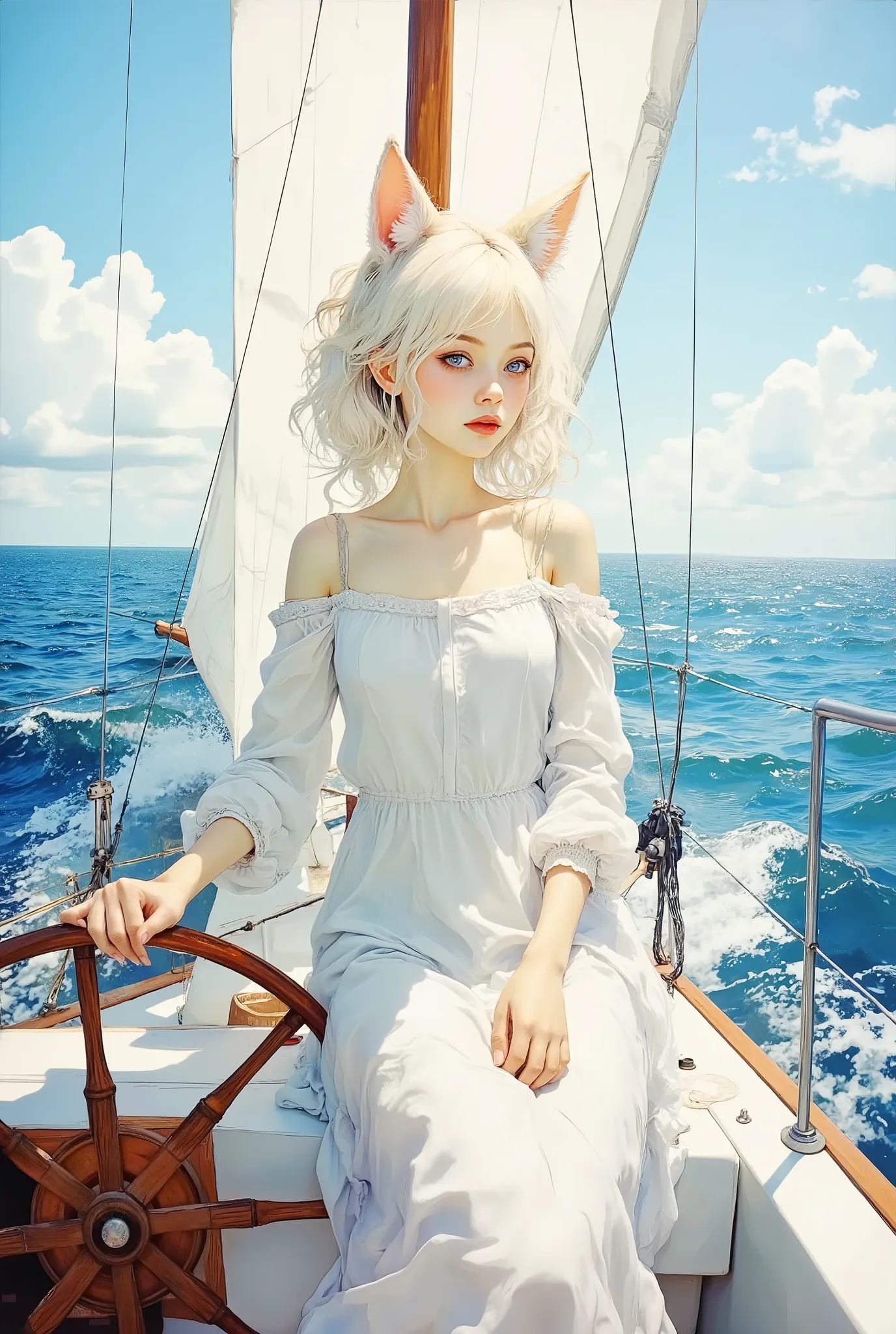 (Sailing the Pacific Ocean on a Yacht、船のヘリに座っているかわいいGirl Drawingに, beautiful girl,), Calm and Sparkling Seas、sailboat sails 、Pacific Ocean Background、digital painting, elegant , Oil Enamel, 白い髪のGirl Drawingに , high quality digital painting, elegant digit...