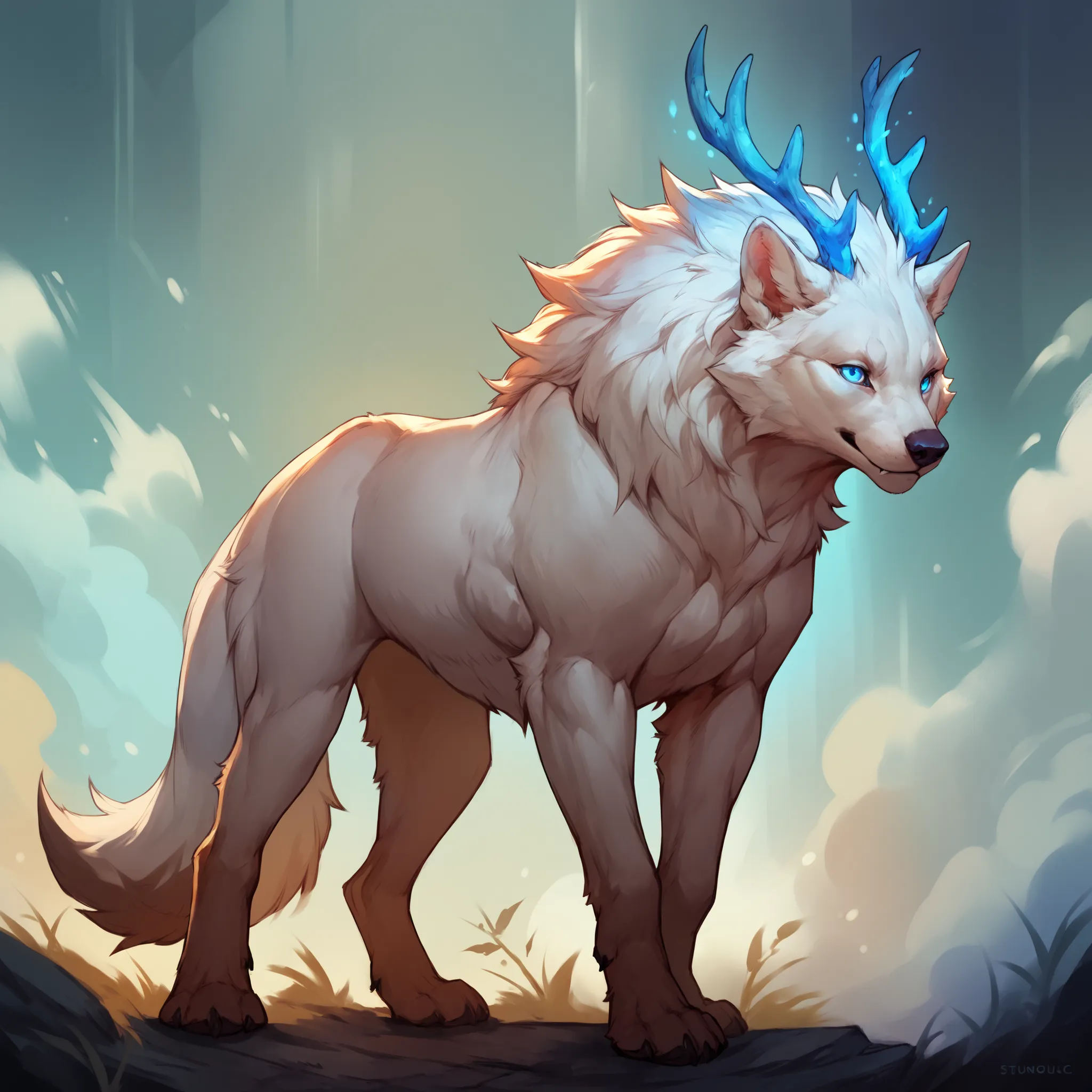 score_9, score_8_up, solo, full body, digital art, highly detailed, (score_9, score_8_up), score_7_up, score_6_up, score_5_up, score_4_up, a giant feral wolf, stoic looking, has glowing blue eyes, has pure white fur, next to a human (glowing runes on his f...