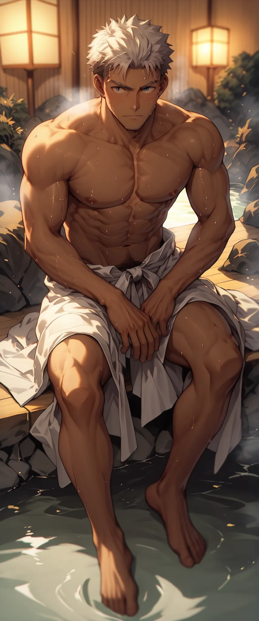 NSFW, Best quality, solo, man, full body、archer (fate stay night),(father:1.3) 、 manly、 muscularity、 brown skin, (sweat:1.3)、Hairy、 muscularity, white hair , naked, wearing yukata, sitting in onsen