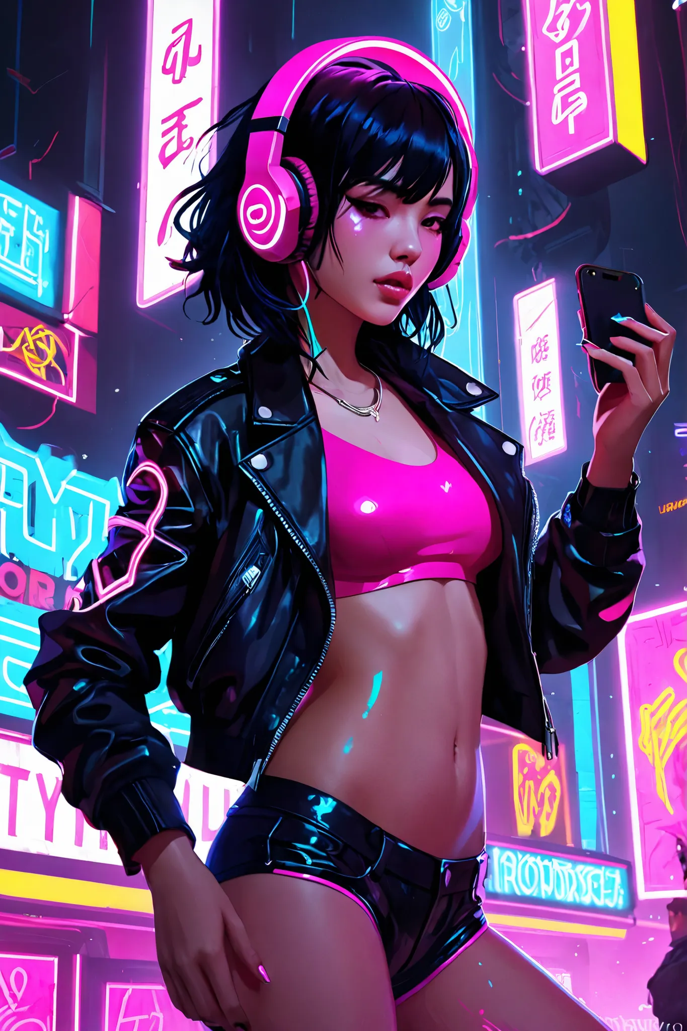 Stylized digital illustration of a young woman singing pop-rock to herself. She sports short, messy, loose black hair with deep navy tips, subtle cybernetic details such as a glowing implant near her temple, and sleek futuristic earrings. She wears red cyb...