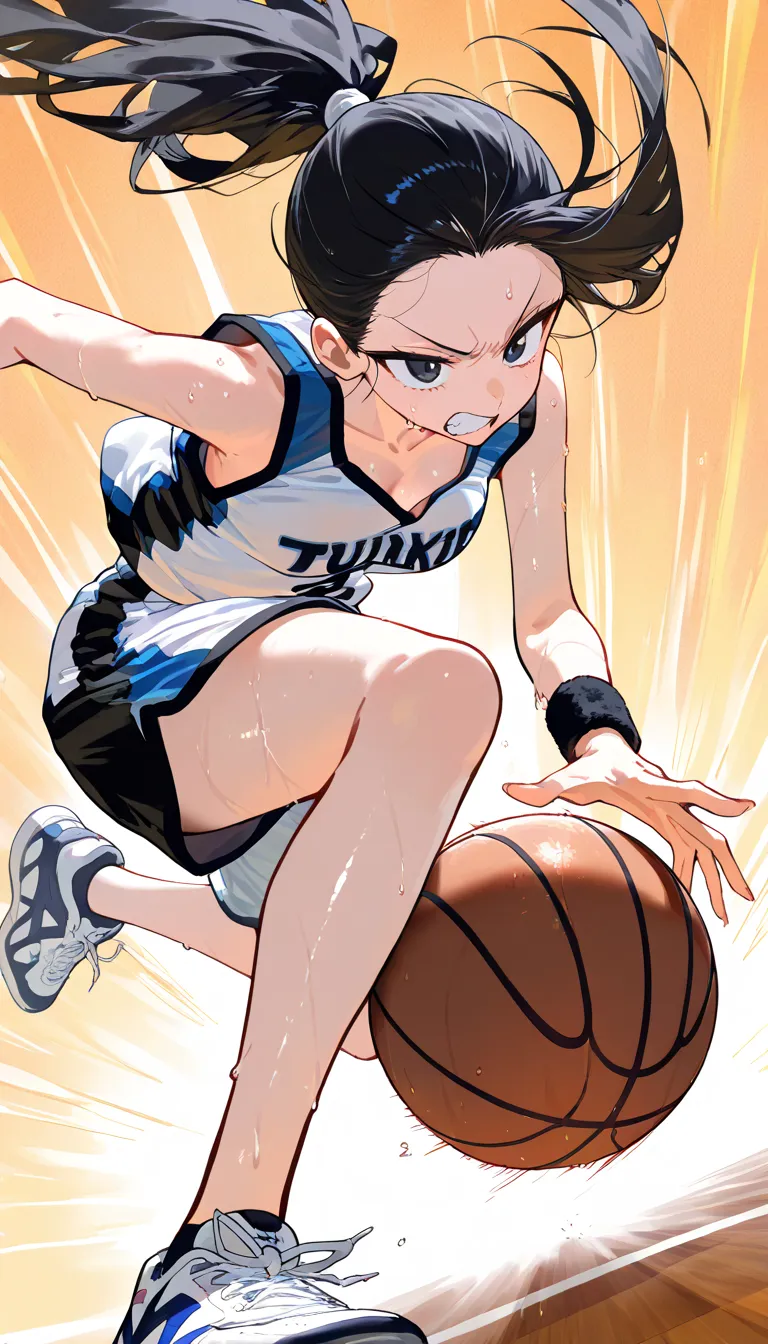 (beautiful girl : 1.3),1 girl,(basketballのユニフォーム,wristband,sneakers,basketball),black hair,ponytail,Forehead,anger, abusive,sweat,jump,basketballフープにダンクシュートを決める, simple color background ,active,dynamic angle,masterpiece,Highest Quality,Rich Contrast,high image quality,8k,High Definition CG Unit Wallpaper,texture,unbelievably absurd, RAW photos ,Deep Boundaries 1 .2,very detailed from below si