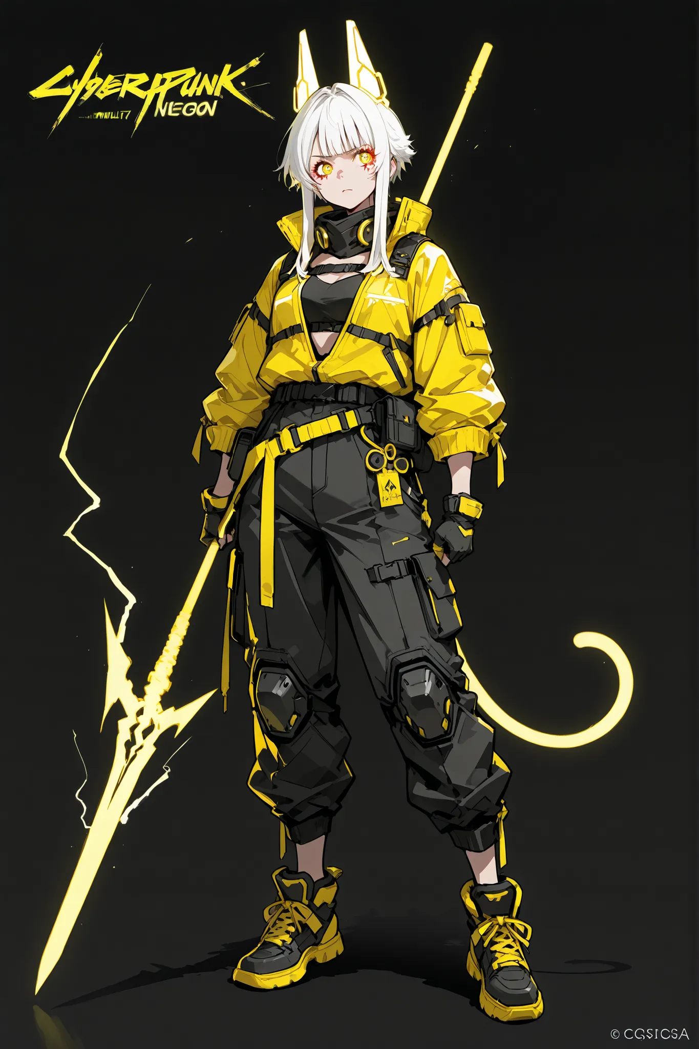 A beautiful girl with long loose white hair with locks on the front and a fringe, neon sparks in the eyes, carrying an attractive and at the same time serious and deadly look, wearing a cyberpunk-themed techwear costume in black with yellow details and whi...