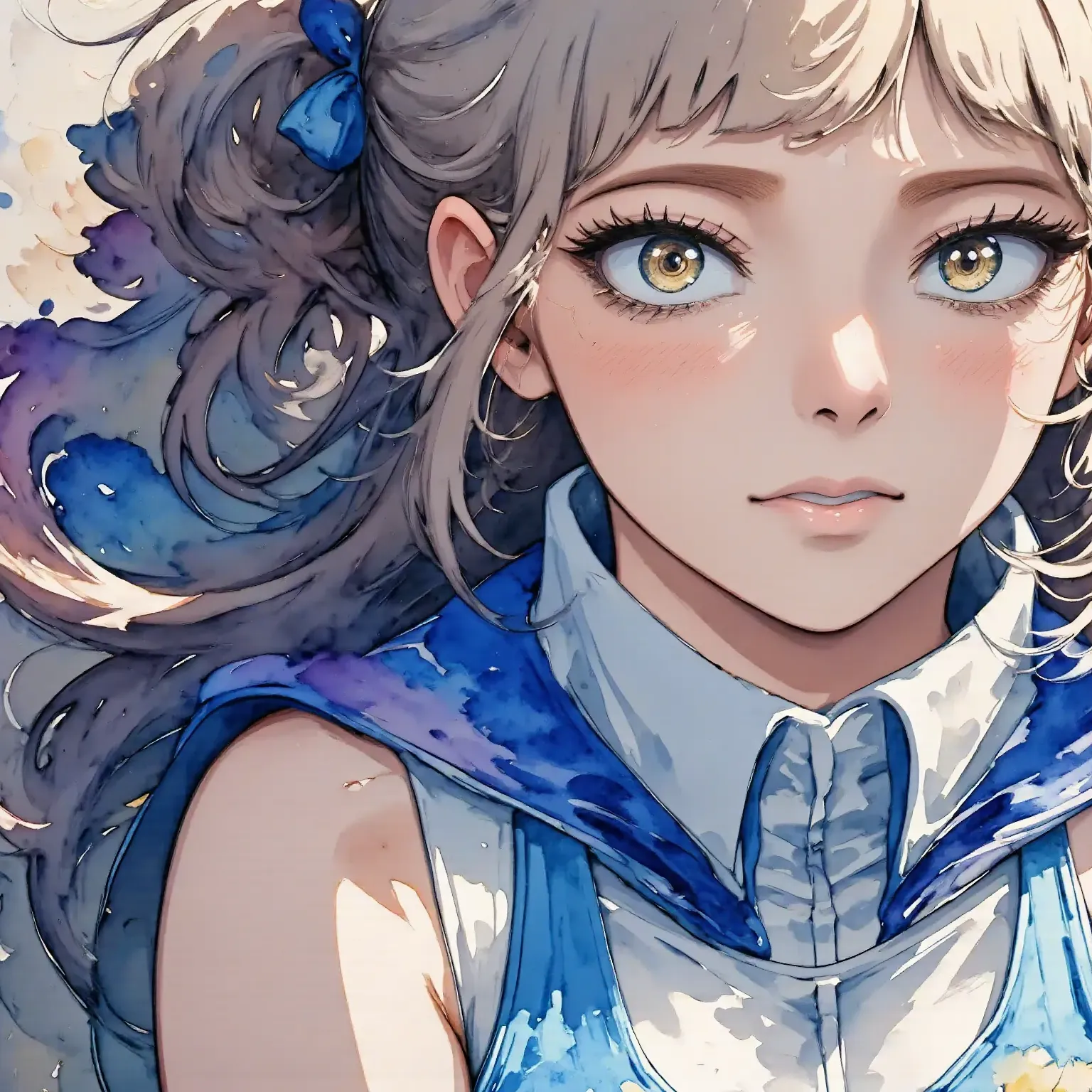 himikotoga1x is in her villainuniform and She leans against the wall  ,(portrait, extreme close-up shot : 1.2),(watercolor style, extreme close-up shot :1.2),(1980’s anime style), a shadowy look,illustration