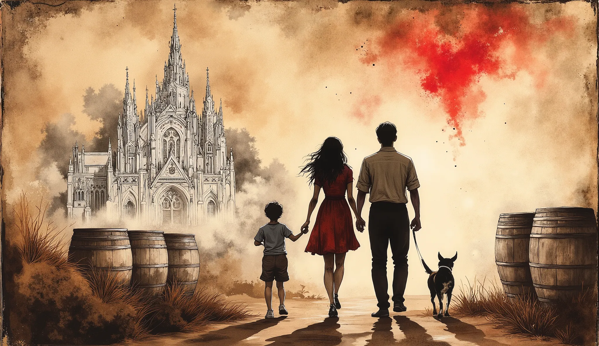 A vintage-style illustration, mixed media, collage, a stylized image of  a family (father, mother, 2 sons and a dog) walking together against a textured background that resembles dry earth. The family includes a mother , next to her is a father in  and 2 s...