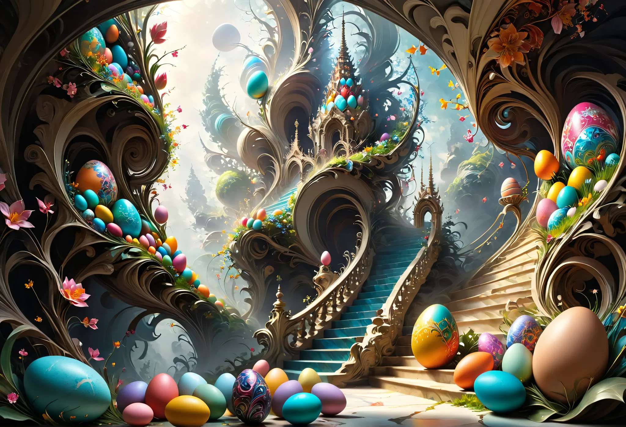 fractal design art on the theme of Easter eggs. zen art,Complex and bizarre, two-dimensional vector illustration, The complexity of metallized saturated colors, Fantastic, dreamy atmosphere, Flat Design Strategies, Focus on the subject, intricate details, ...