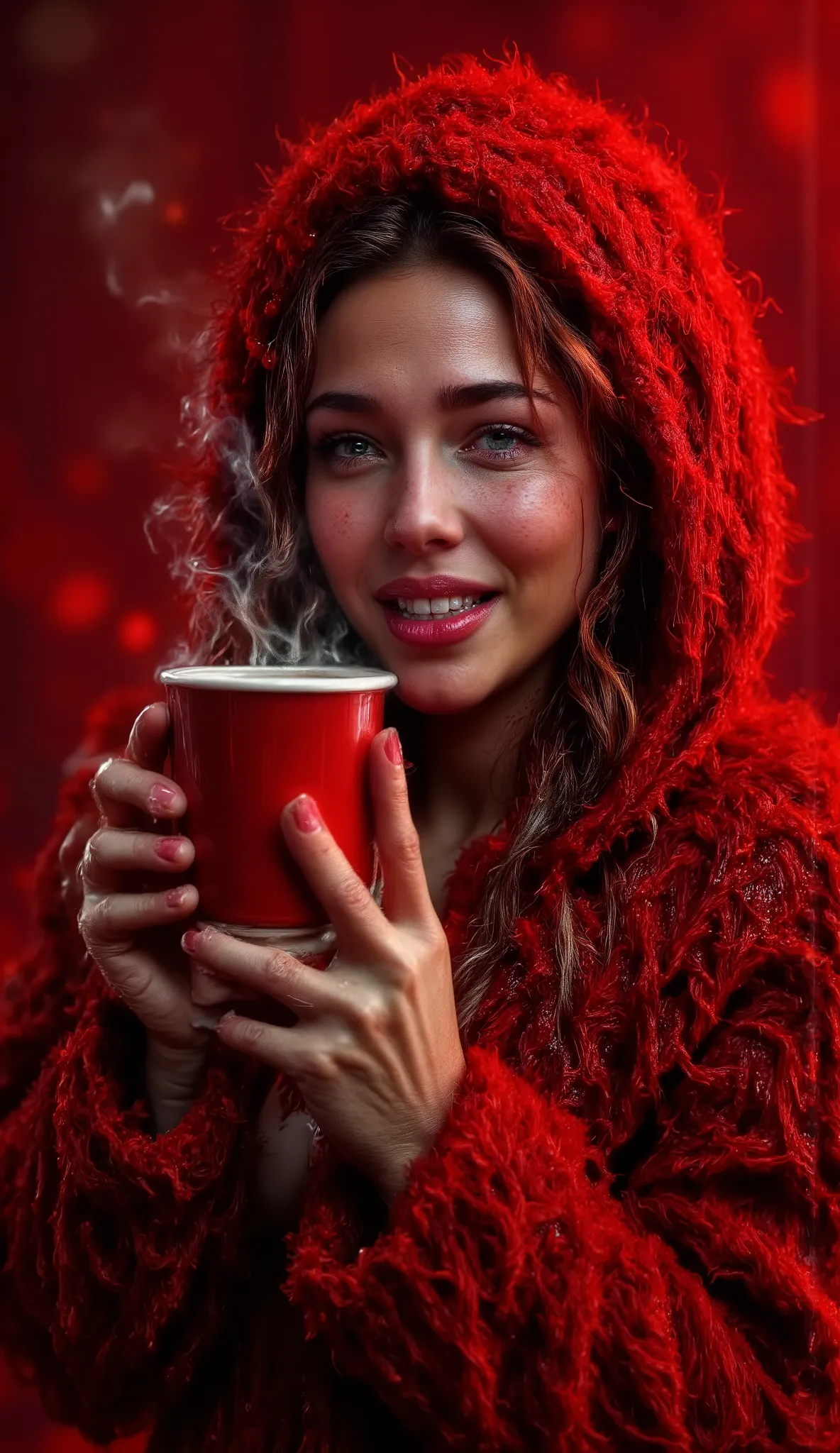 Really epic realistic portrait, very low coloured and low contrast photography, 20 years old pretty sexy sweaty happily smile woman holding cup of coffee red color and white dots with rising smoke, camera view from top right to bottom, woman head slightly ...