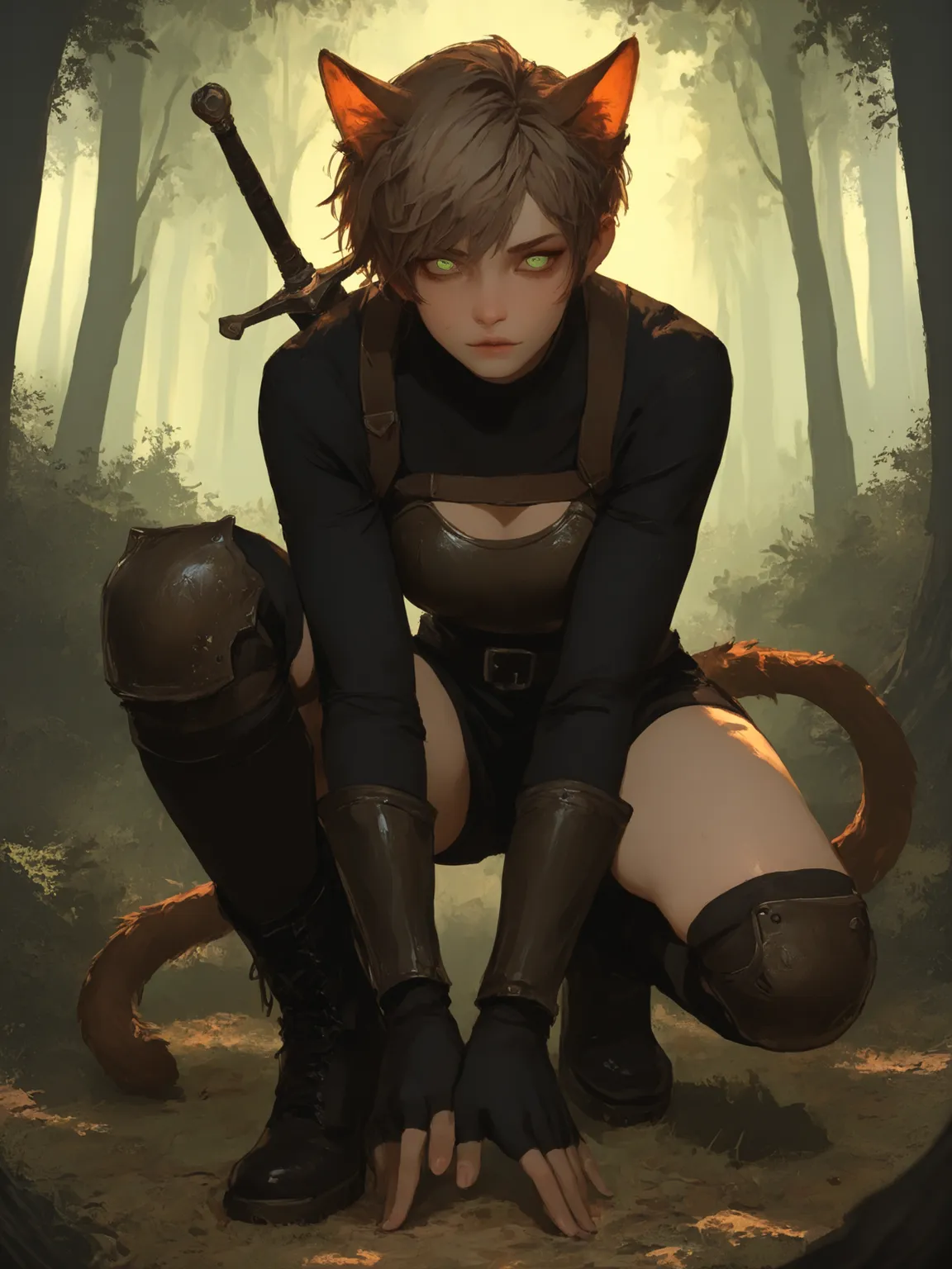 {{masterpiece}}, {{high detail}}, one female-beast, one, alone. 20 years old. light-brown pixie cut hair. Perfect Body. Green eyes. Cat ears and a cat tail. Dressed in a black shirt with a leather short chest plate attached, black shorts, knee pads and hig...