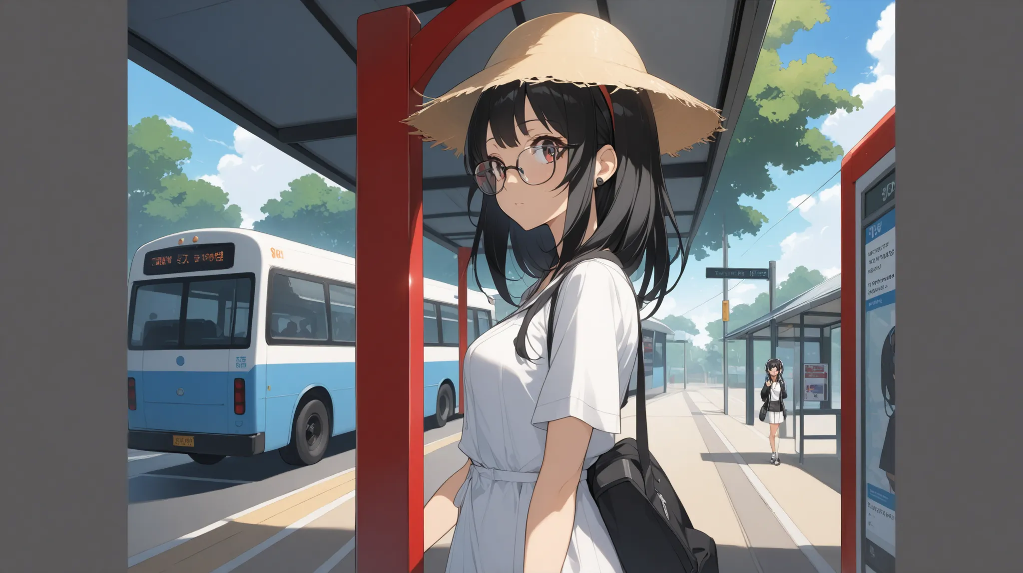 Beautiful black haired anime girl using glasses standing at bus stop using headphones, Sepoi angin