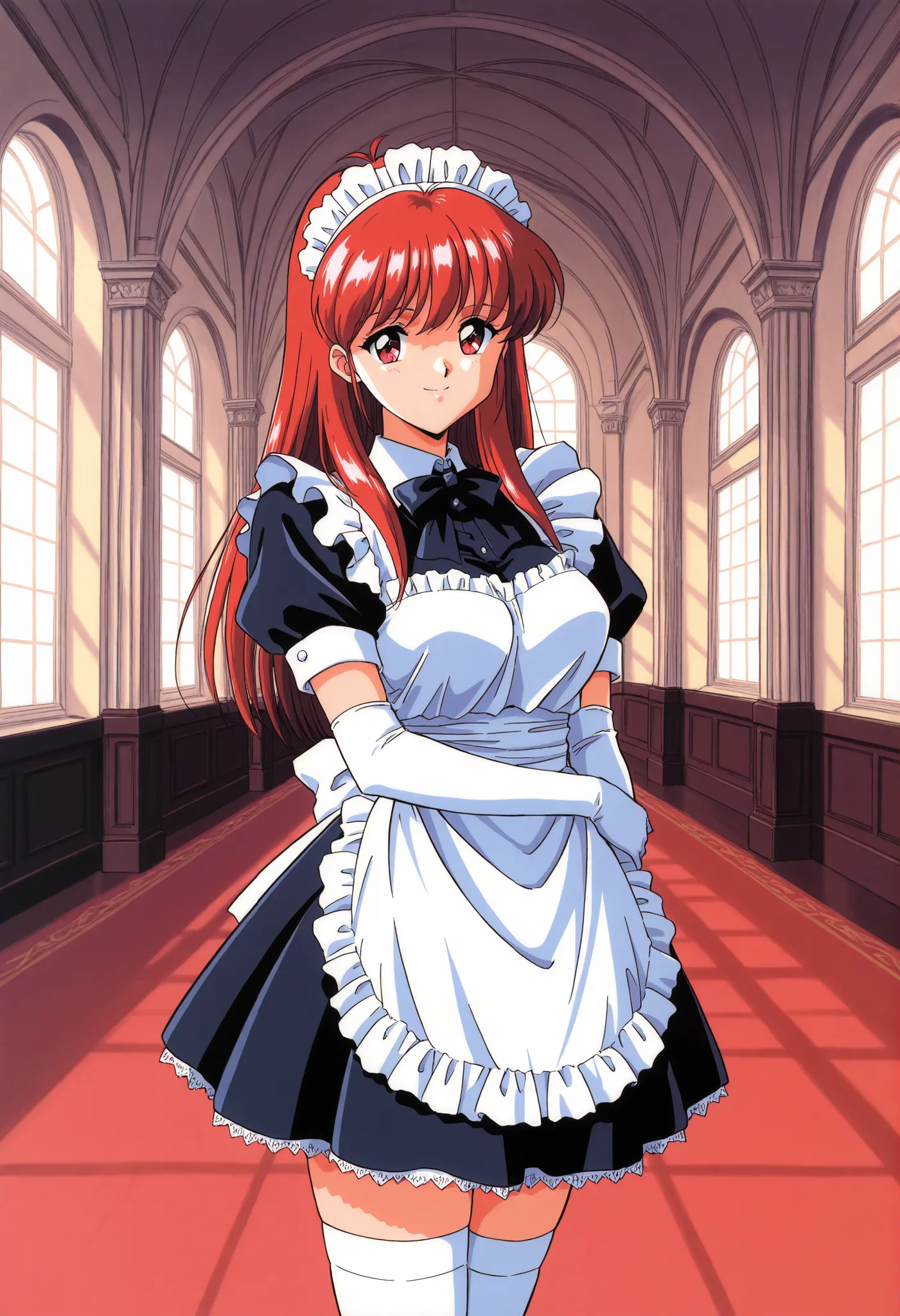 Score_9, score_8_up, score_7_up, source_anime, Fujisaki_Shiori, 1girl, solo, long hair, red hair, red eyes, large breasts, bangs, 1990s \(style\), kokura masashi style, (best quality), (high quality), {masterpiece}, extremely delicate and beautiful, ultra-...