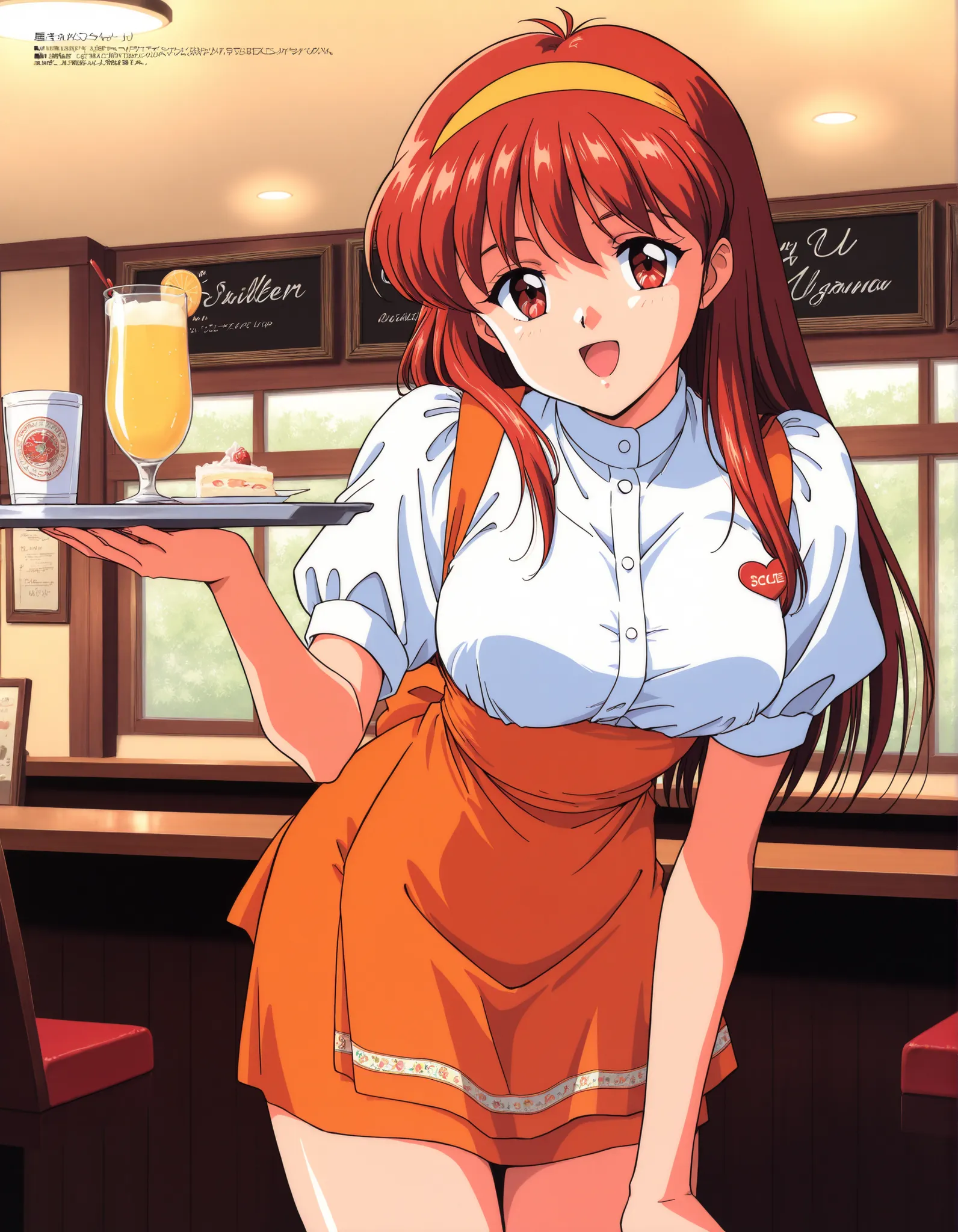 Score_9, score_8_up, score_7_up, source_anime, Fujisaki_Shiori, 1girl, solo, long hair, yellow hairband, red hair, red eyes, large breasts, bangs, 1990s \(style\), kokura masashi style, (best quality), (high quality), {masterpiece}, extremely delicate and ...