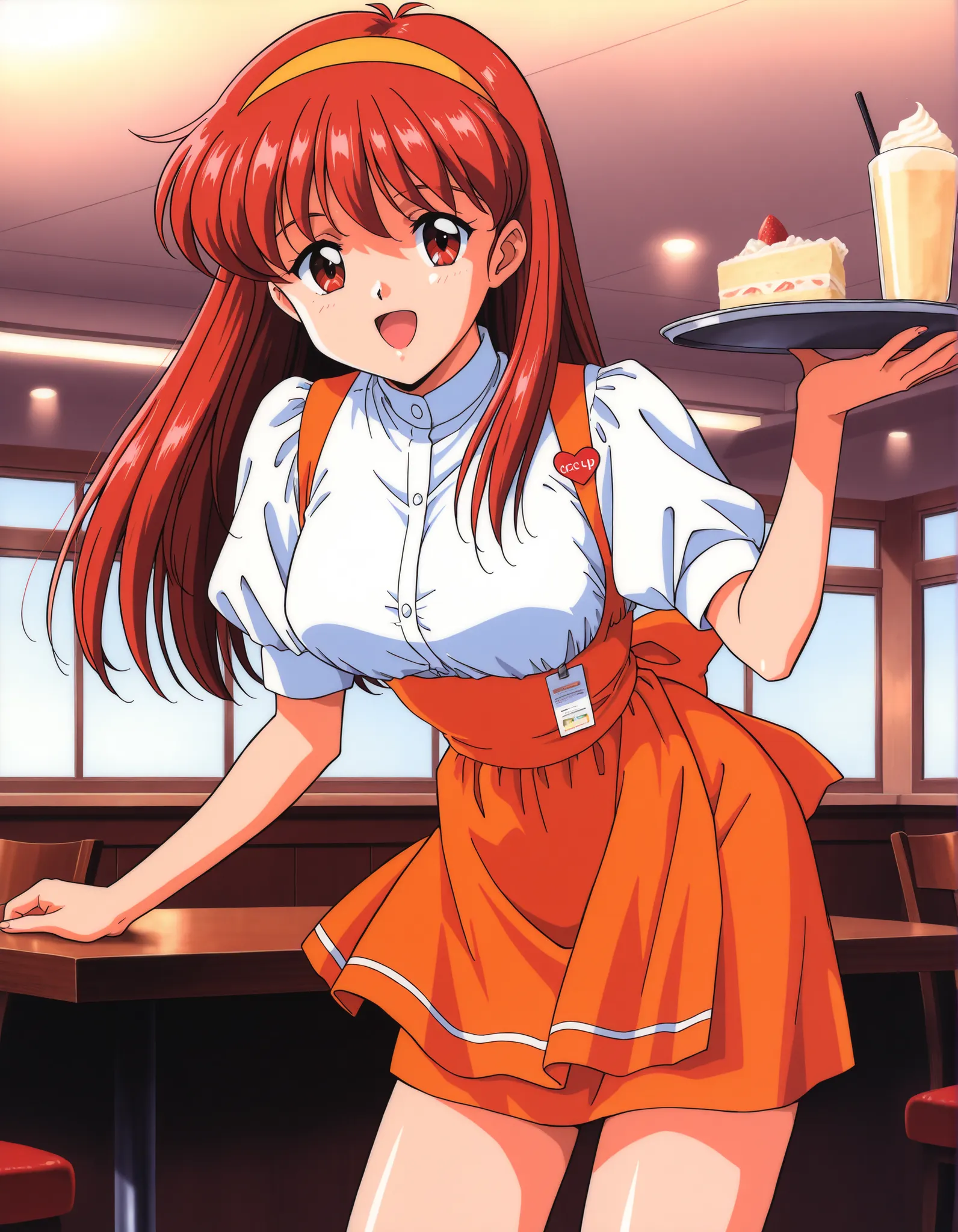 Score_9, score_8_up, score_7_up, source_anime, Fujisaki_Shiori, 1girl, solo, long hair, yellow hairband, red hair, red eyes, large breasts, bangs, 1990s \(style\), kokura masashi style, (best quality), (high quality), {masterpiece}, extremely delicate and ...