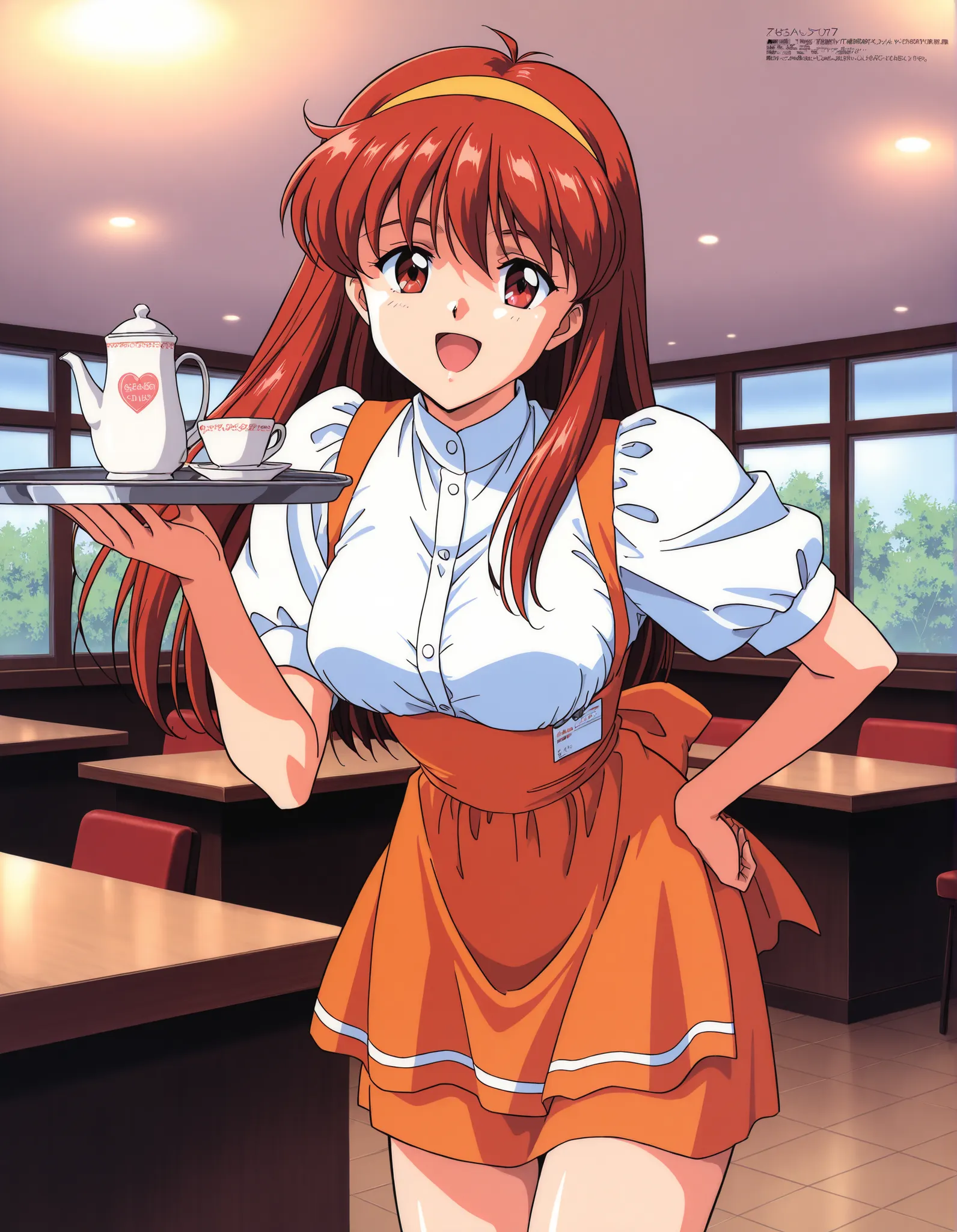 Score_9, score_8_up, score_7_up, source_anime, Fujisaki_Shiori, 1girl, solo, long hair, yellow hairband, red hair, red eyes, large breasts, bangs, 1990s \(style\), kokura masashi style, (best quality), (high quality), {masterpiece}, extremely delicate and ...