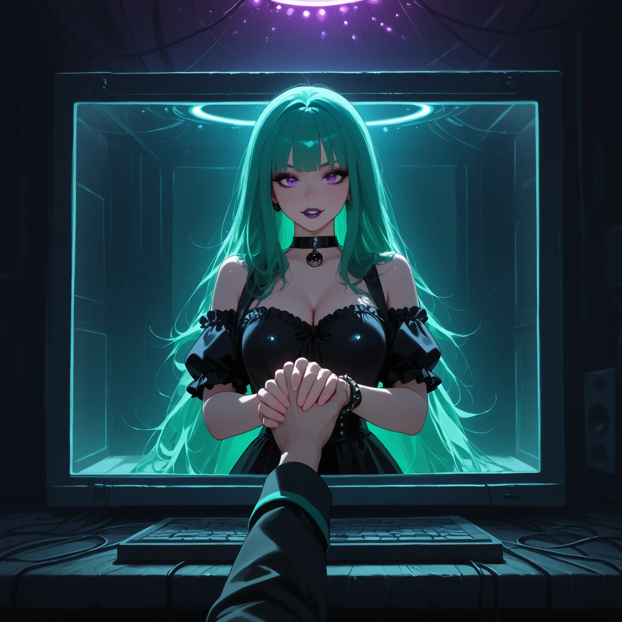 Sexy Goth babe with green hair, long hair, holding a guy's hand through a screen, sadness, mystical lights, holding hands