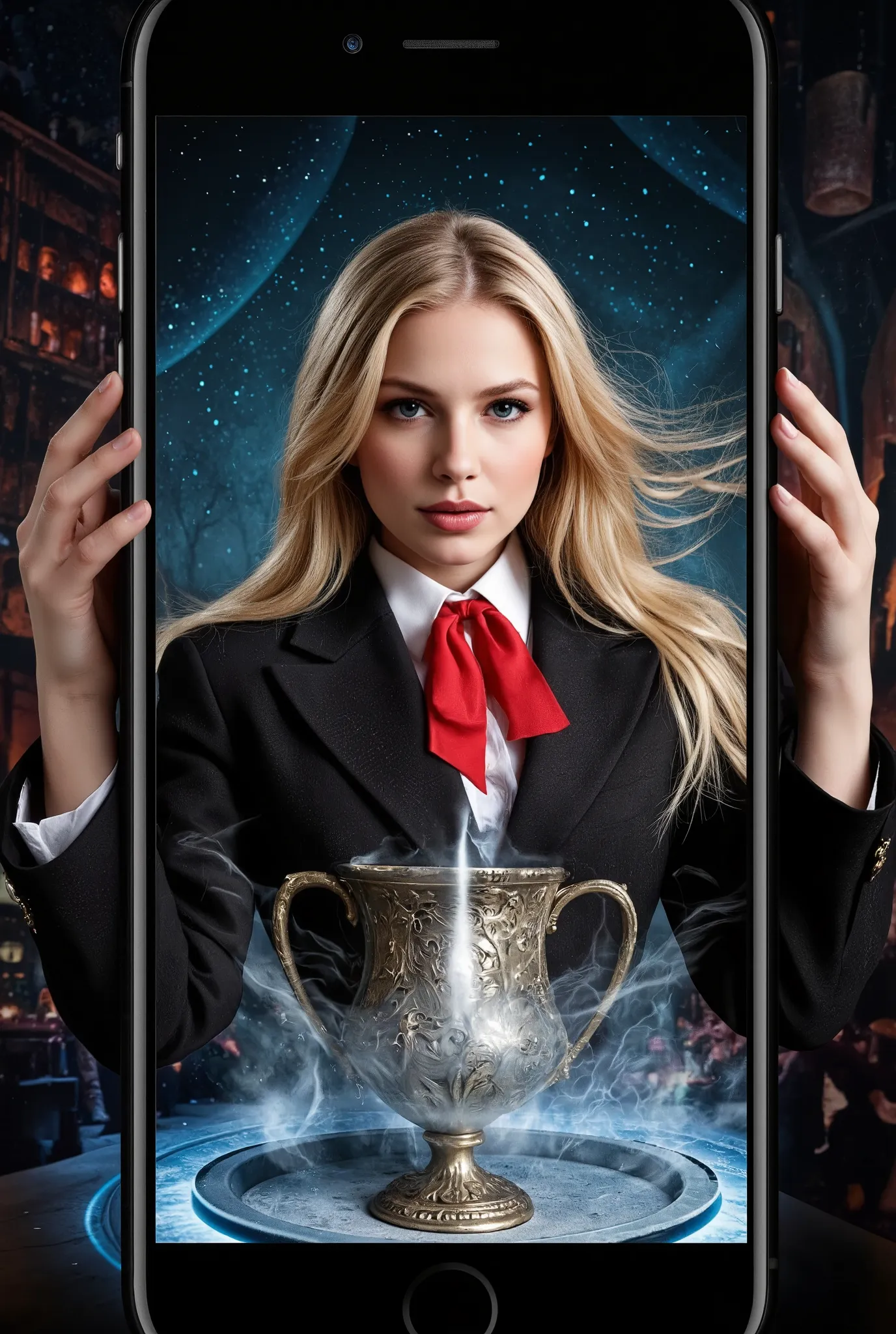 Create a realistic photograph featuring a beautiful 20-year-old girl with fair skin and long straight blonde hair. She is dressed in a magician's outfit, and the shot should be a full-body view of her emerging from a large smartphone screen. The background...