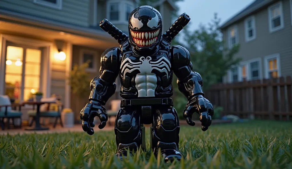 Venom figure in Lego in a backyard of a real house at night,  ultra real and professional images