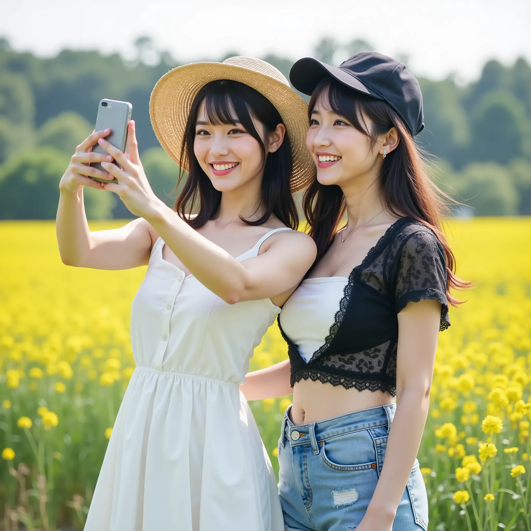 『The atmosphere of the face and hairstyle is different2 Japanese girls in tennis panties:1.9』『real photo:1.3』Highest Quality:1.2、((big breasts))、a slender body,with a slight cleavage、((young 20 year old woman ))、((showing my teeth and smiling:1.3))、(((anat...