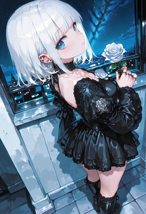 1 girl, , standing, segmented blade, Fair skin, Cropped White Lace Gothic Top, piercing, Beautifully detailed blue eyes, Long Thick White Hair, princess cut,Looking back at the viewer, Thighs, leather mesh gothic white rose print mini skirt, Long Glamorous...