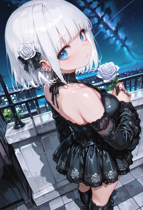 1 girl, , standing, segmented blade, Fair skin, Cropped White Lace Gothic Top, piercing, Beautifully detailed blue eyes, Long Thick White Hair, princess cut,Looking back at the viewer, Thighs, leather mesh gothic white rose print mini skirt, Long Glamorous...