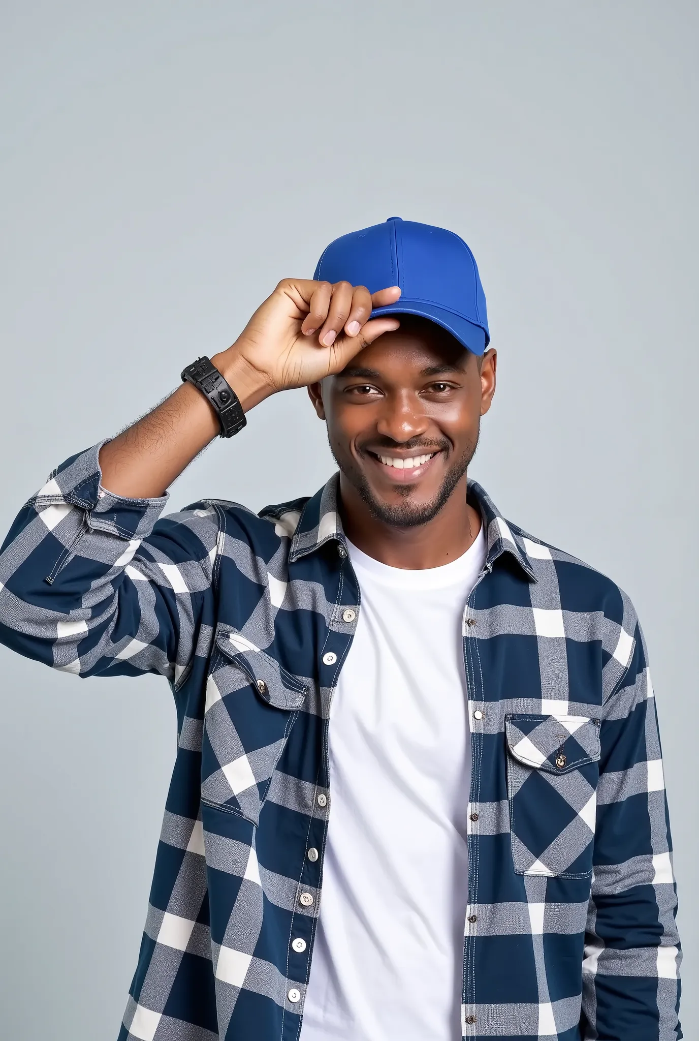 A man wearing a simple blue cap and a plaid shirt, tilting the head slightly downward, while holding the cap brim with one hand. The background is simple and light gray . Your expression is relaxed and cheerful, and his face is partially obscured by the c...