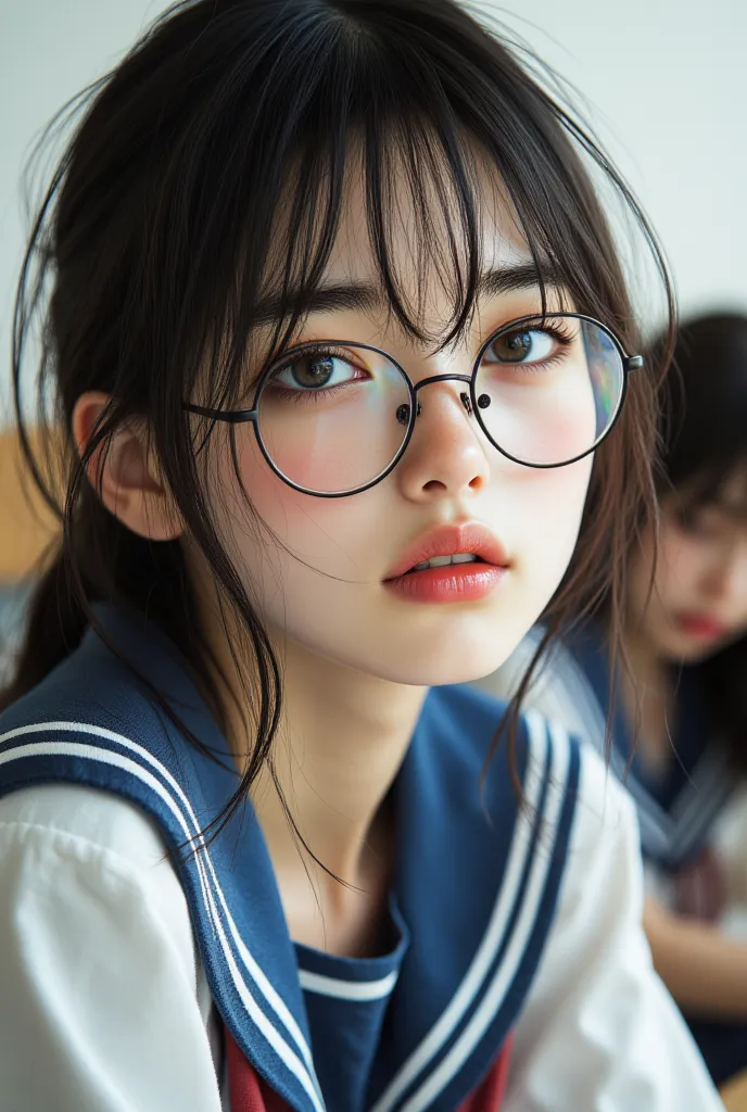 ((Highest Quality、masterpiece、high sensitivity、high definition、detailed depiction、depicting a delicate face、Ｆvalue：6.0),((Slender Woman、wearing glasses)),sailor suit、Dozing off during class、