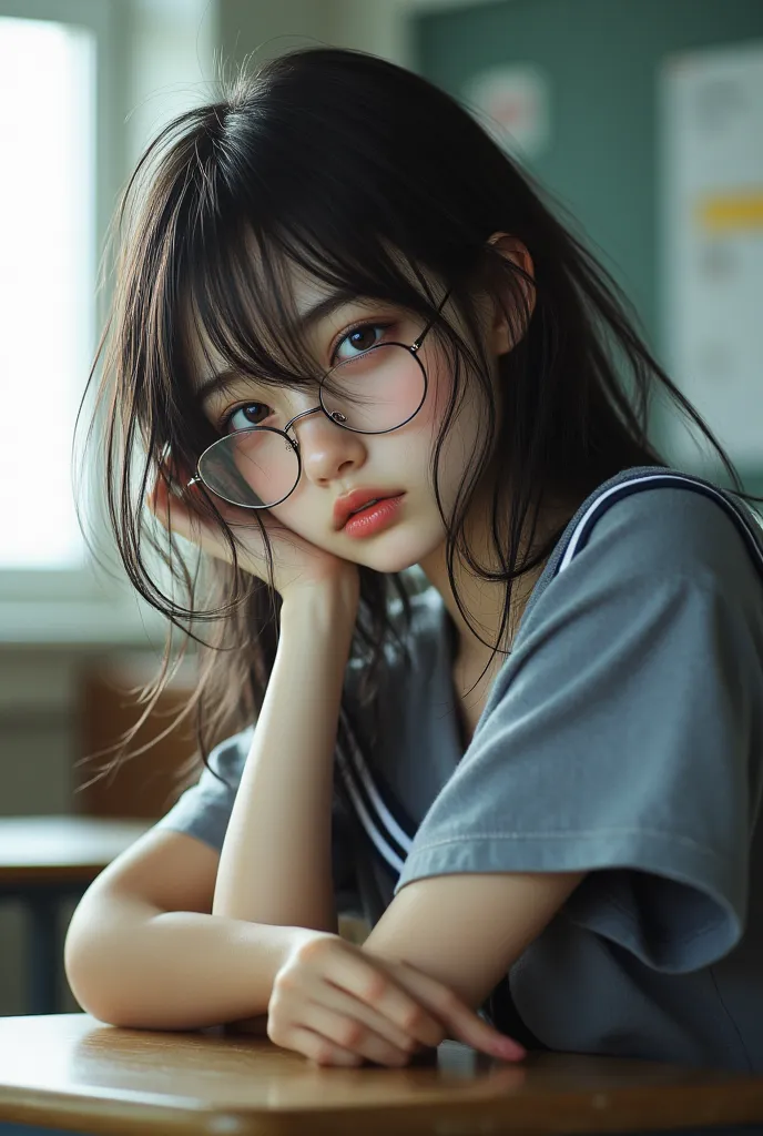 ((Highest Quality、masterpiece、high sensitivity、high definition、detailed depiction、depicting a delicate face、Ｆvalue：6.0),((Slender Woman、wearing glasses)),sailor suit、Dozing off during class、Put your head on the desk、and the chalk hits your head、