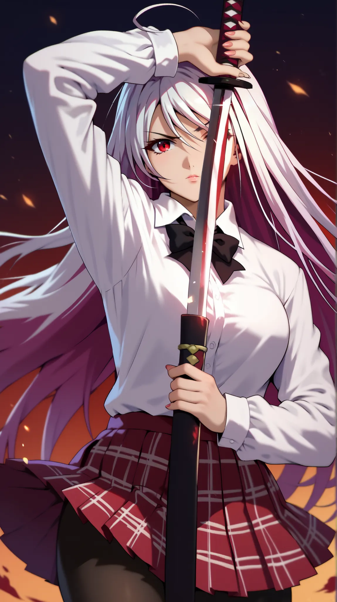 vampire moka akashiya, long hair, red eyes, ahoge, white hair, large breasts, , white shirt , bow tie , Red checkered pleated mini skirt , black pantyhose, looking at viewer, arm up unsheathing sword