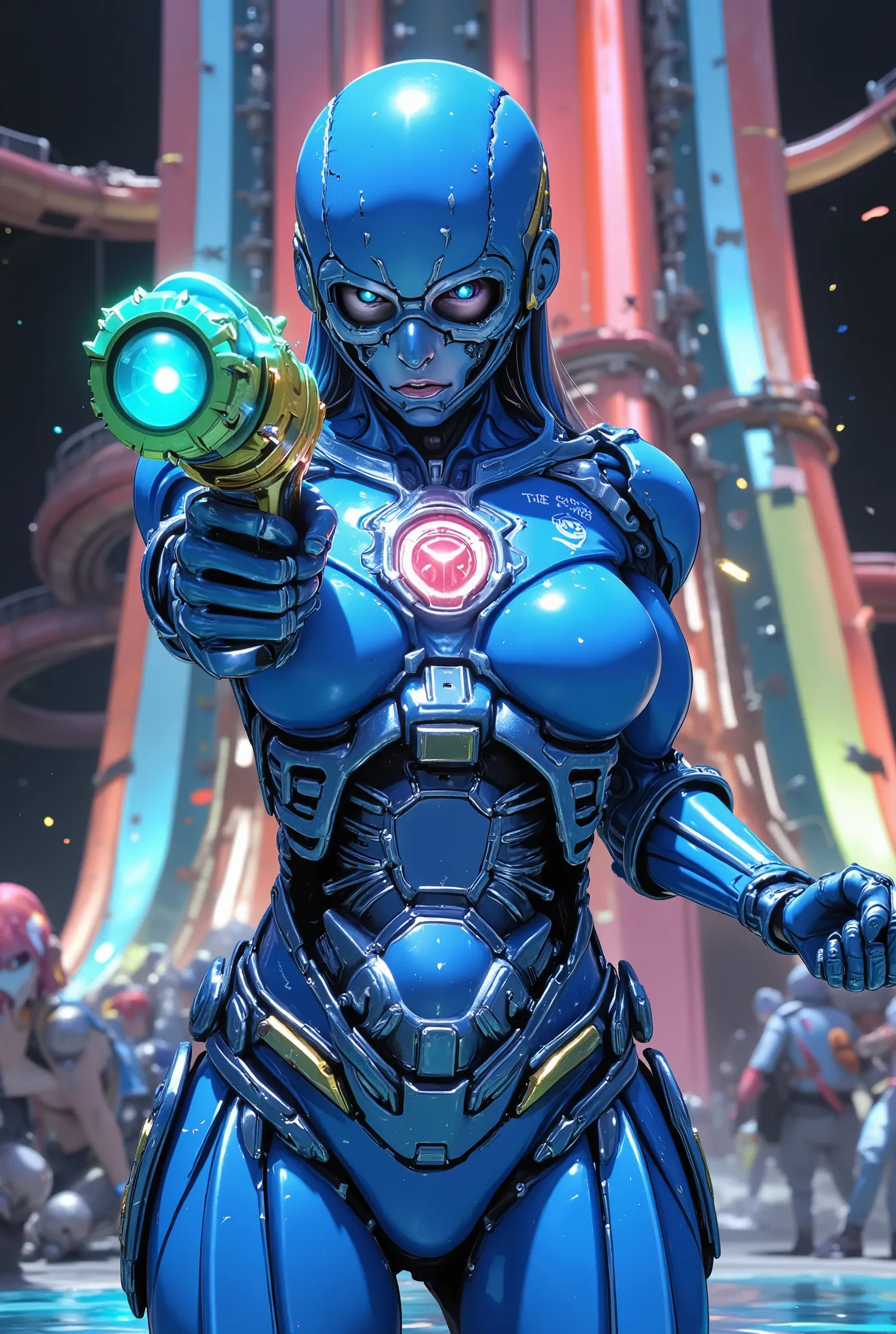 Masterpiece, legend, highres, award, professional quality, perfect lighting, (Highest quality), future, (((Lots of girls))), 3 blue Troopers on pop up from large monitor, in huge pool at water park, detailed Asymmetrical blue exoskeleton suit with colorful...