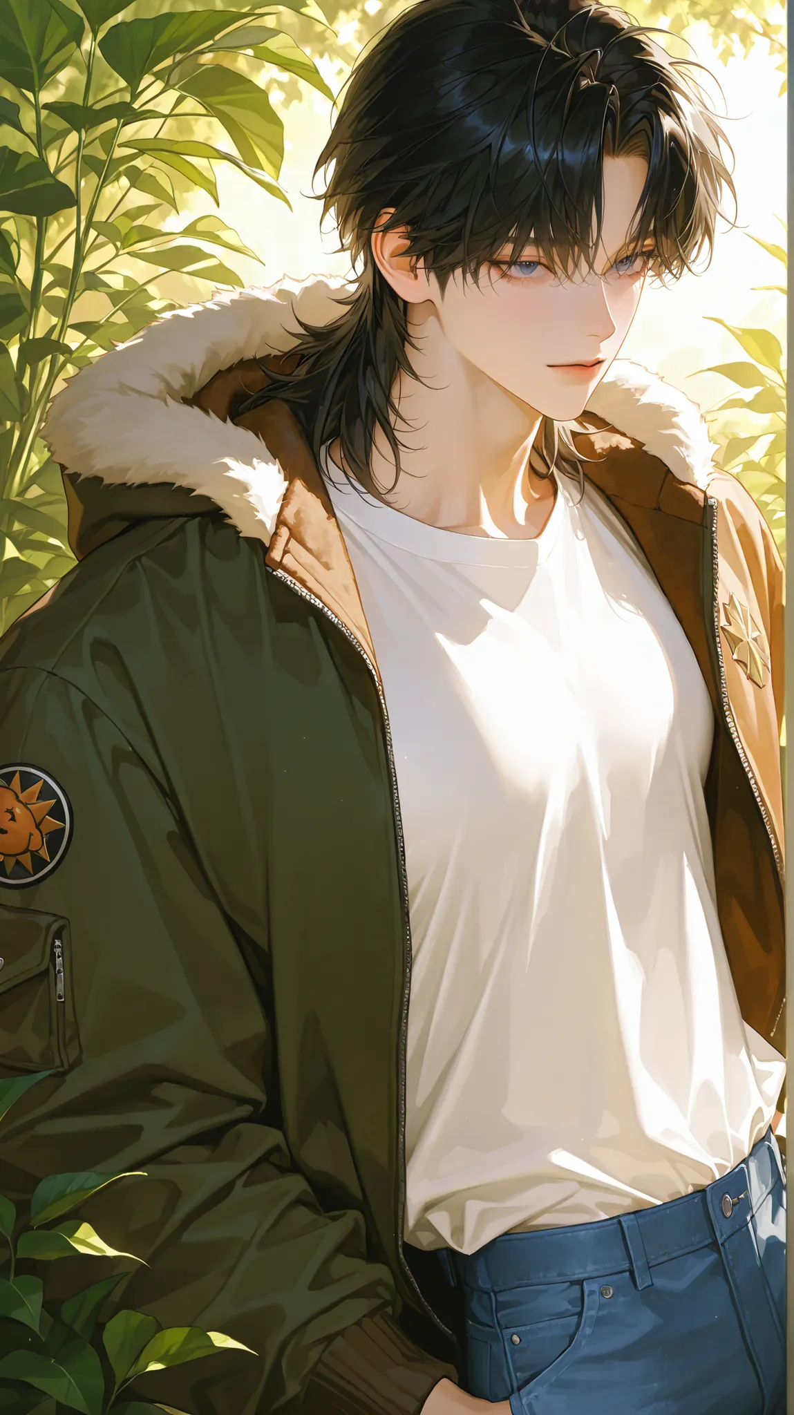 24 year old male, mature male, handsome, black hair, dark blue eyes, parted bangs, disheveled head on background, Perfect Eyes , Impressionist Paintings , realistic skin, Semi Realistic Details, high detail, Muscular Body, realistic hair, realistic detail...