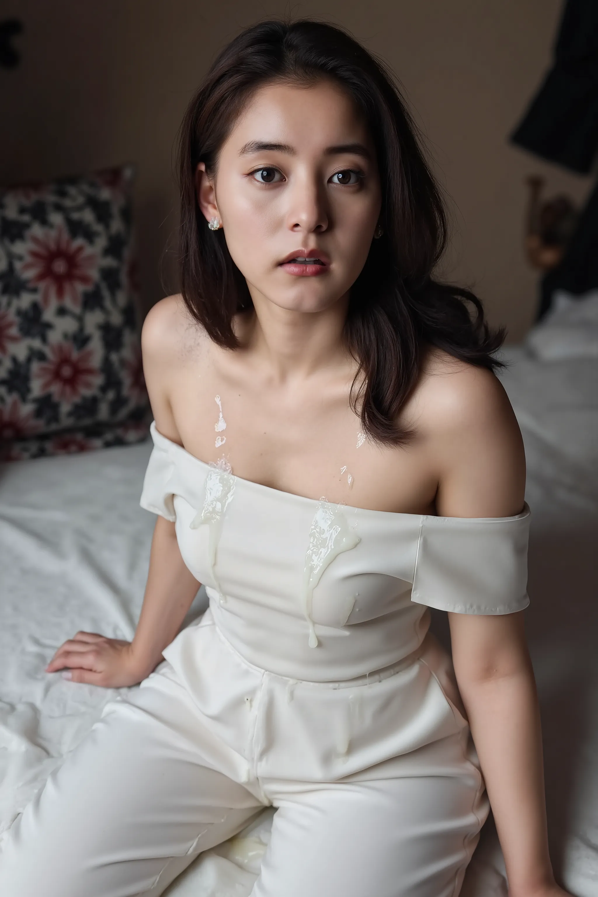 A high resolution photograph of a adult Japanese woman in a off-shoulder dress kneeling in front of the viewer, She's looking at the viewer in awe with surprised expression on her face, wide-eyed, open mouth, Her face is covered in whitish, a significant o...