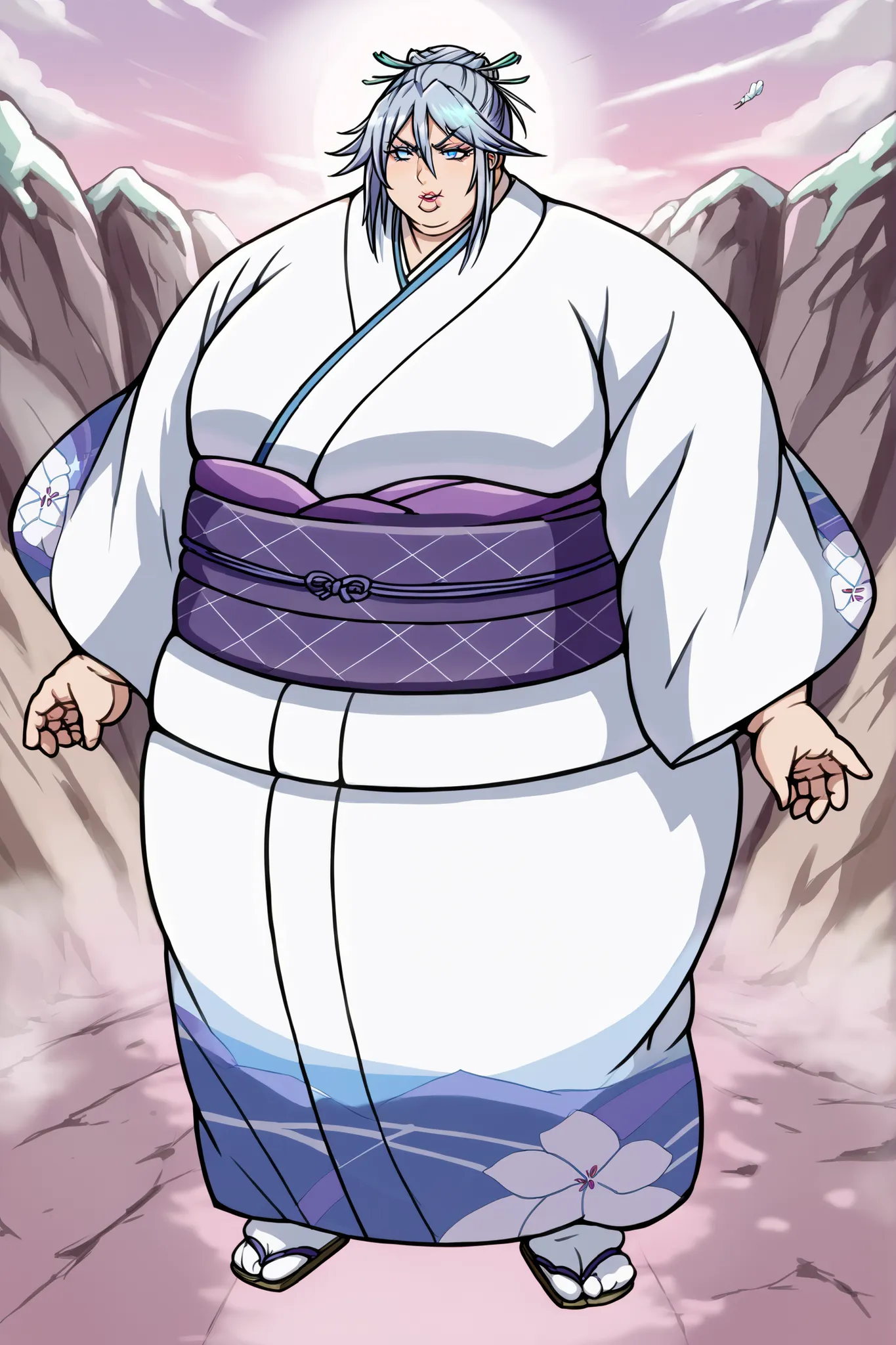 score_9, score_8_up, score_7_up, source_anime, tsurara shirayuki, blue eyes, hair ornament, hair between eyes, grey hair, sidelocks, lollipop, hair bun, medium breasts,, japanese clothes, kimono, sash, obi, giant hands, giant feet, fat, chubby, obese, gig...