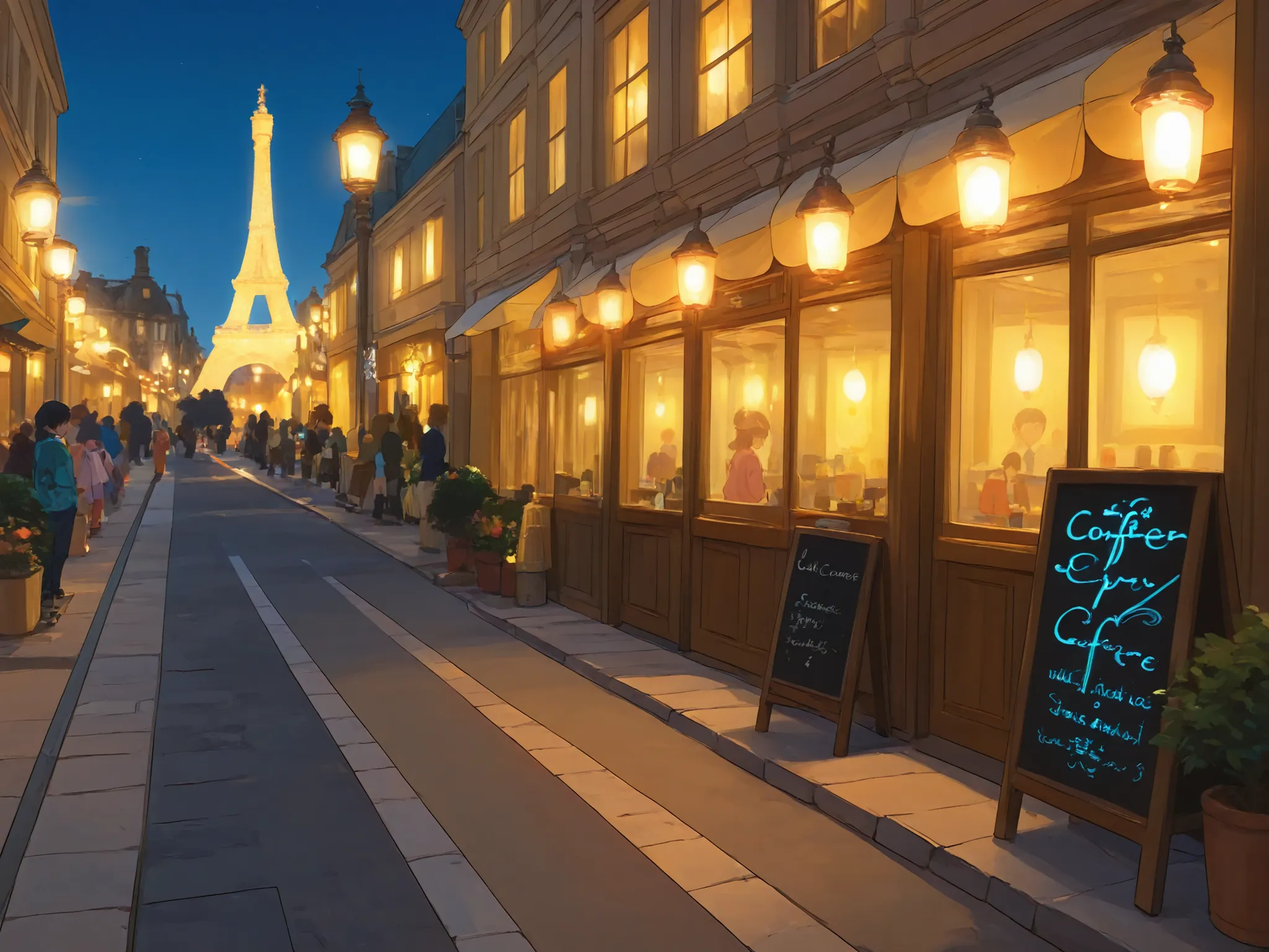 An old-world café corner in Paris at twilight, with handwritten signage and softly glowing lanterns