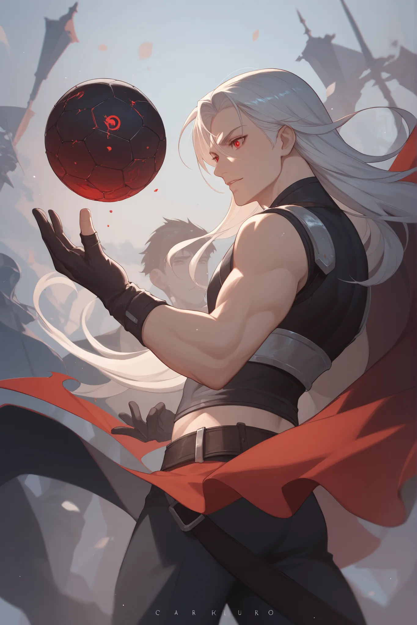 high quality, 8K Ultra HD, a guy with a sphere of darkness in his hands,white long hair,red eyes