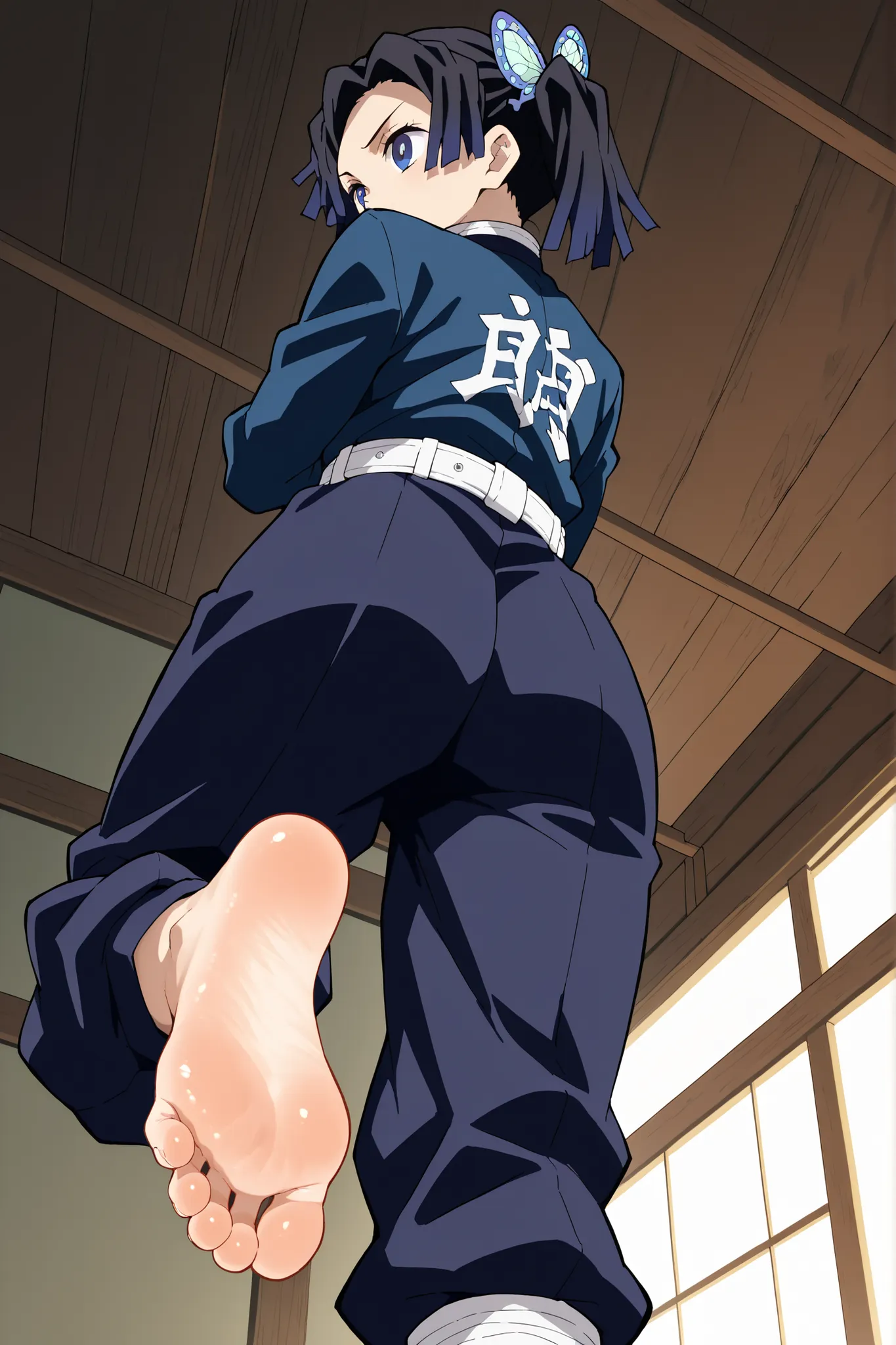 aoi kanzaki, blue eyes, black hair, hair ornament, twintails, butterfly hair ornament,long sleeves, belt, pants, blue jacket, white belt, demon slayer uniform, blue pants,foot focus, feet, barefoot, toes, legs, foreshortening, shiny soles, shiny feet ,stan...