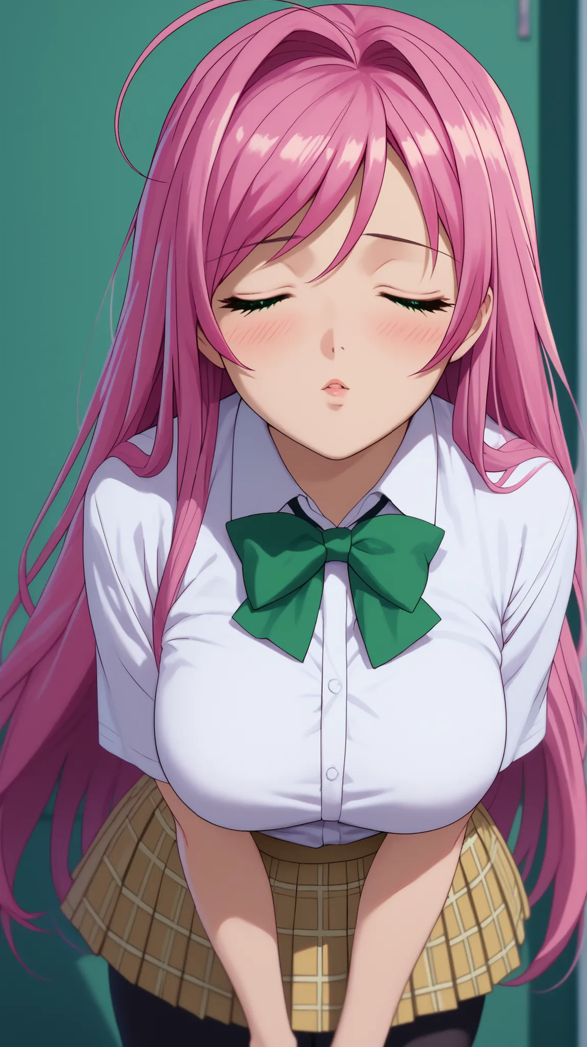 1girl, solo, normal moka akashiya, long hair, green eyes, pink hair, ahoge, large breasts, white shirt , bow tie , Red checkered pleated mini skirt , black pantyhose, incoming kiss, closed eyes, blush,