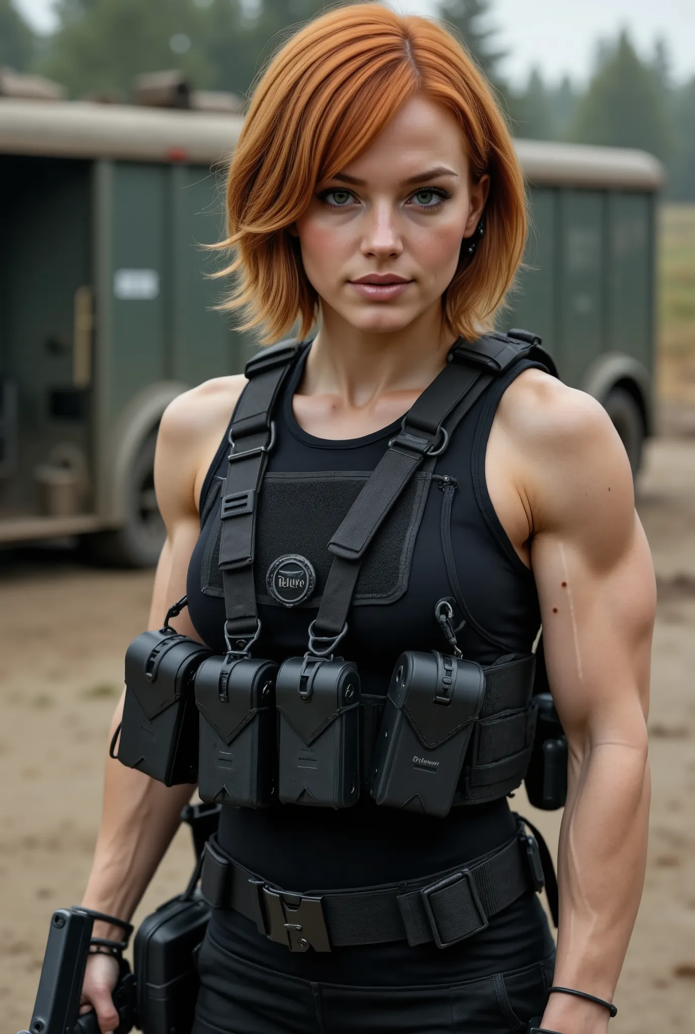 A stunning skinny fashion model in full black military gear with tactical vest, utility belt, handgun holster on her side, comm's device, and she is holding a military handgun. She has short shoulder length ginger hair. Her expression is confident. The ima...