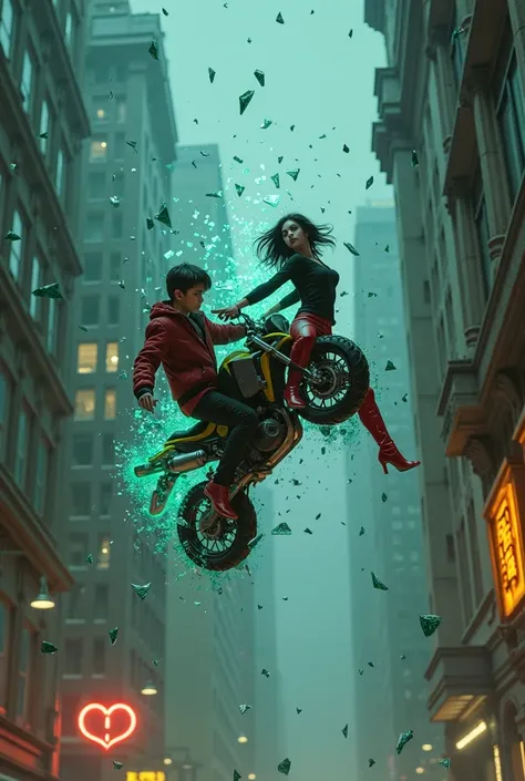 Create a channel-style young woman with short black hair dressed in black clothes with red boots throwing herself out of a window shattering the glass everywhere in various shards and shards falling on a futuristic flying motorcycle with neon green lights ...