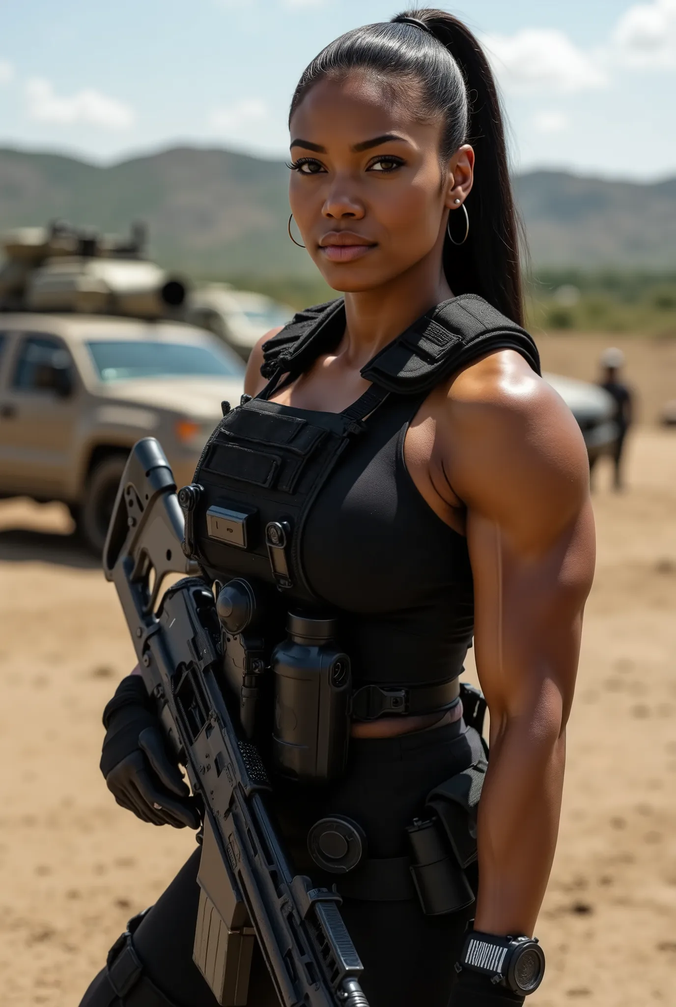 A stunning skinny African-American fashion model in full black military gear with tactical vest, utility belt, handgun holster on her side, comm's device, and she is holding a sniper rifle. She has long straight black hair in a ponytail. Her expression is ...
