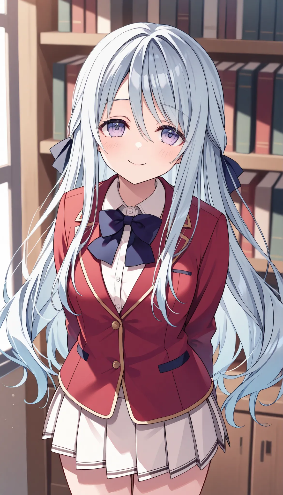 hiyorishiina, hiyori shiina, long hair, bangs, purple eyes, hair ribbon, grey hair, 1 girl ,solo, red jacket school uniform, white shirt, red jacket, collared shirt, bowtie, white skirt, thigh, from viewer, looking at viewer, arms behind back,1girl, solo,...