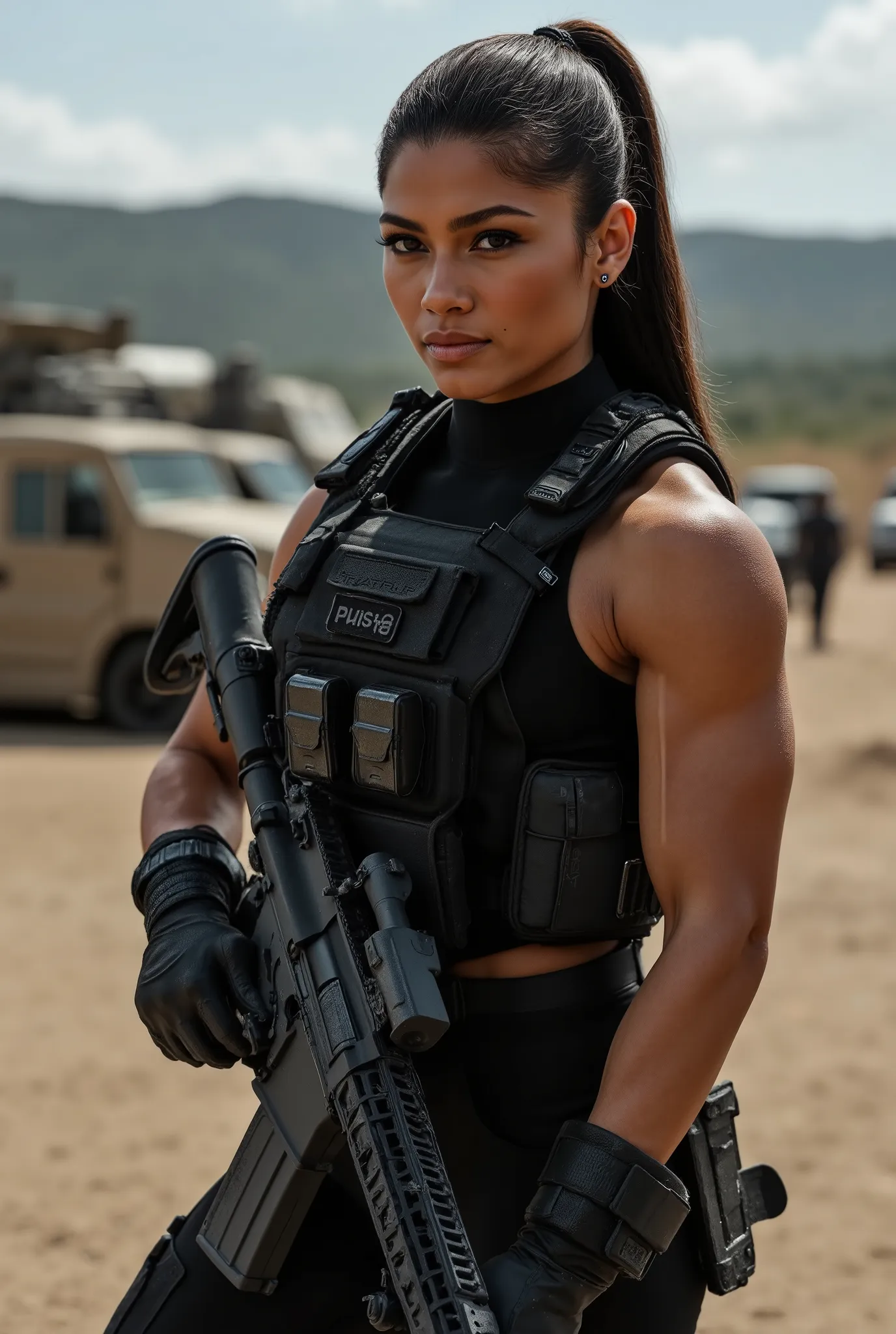 A stunning African-American fashion model in full black military gear with tactical vest, utility belt, handgun holster on her side, comm's device, and she is holding a military rifle. She has long straight black hair tied in the back. Her expression is co...