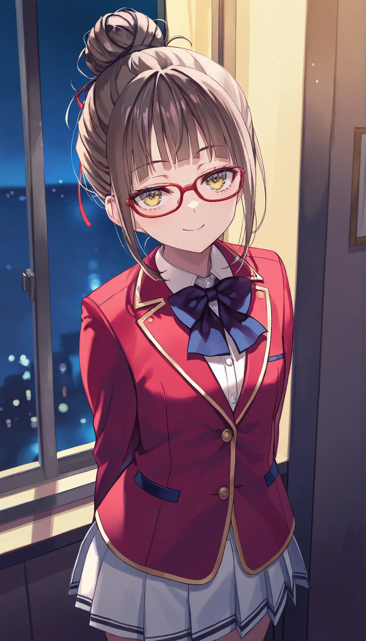 rika morofuji, brown hair, hair bun, short hair, yellow eyes, red-framed eyewear glasses,, 1girl, red ribbon, red jacket school uniform, white shirt, red jacket, collared shirt, bowtie, white skirt, (happoubi jin:0.8),, by fuzichoco, by lam, by kinta \(d...