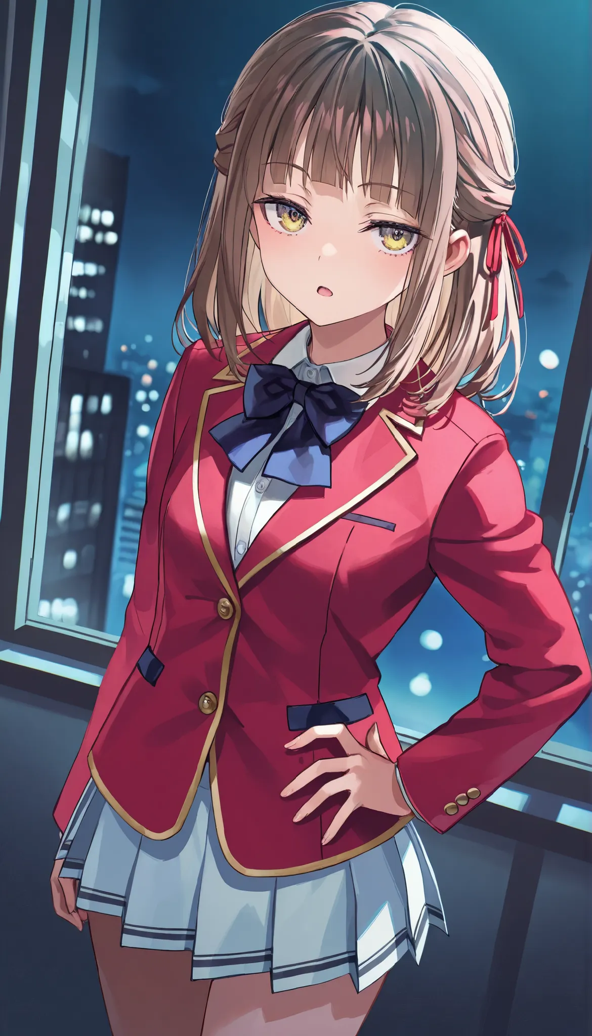 rika morofuji, brown hair, medium hair, yellow eyes , 1girl, red ribbon, red jacket school uniform, white shirt, red jacket, collared shirt, bowtie, white skirt, (happoubi jin:0.8),, by fuzichoco, by lam, by kinta \(distortion\), by lack, by quasarcake, ...