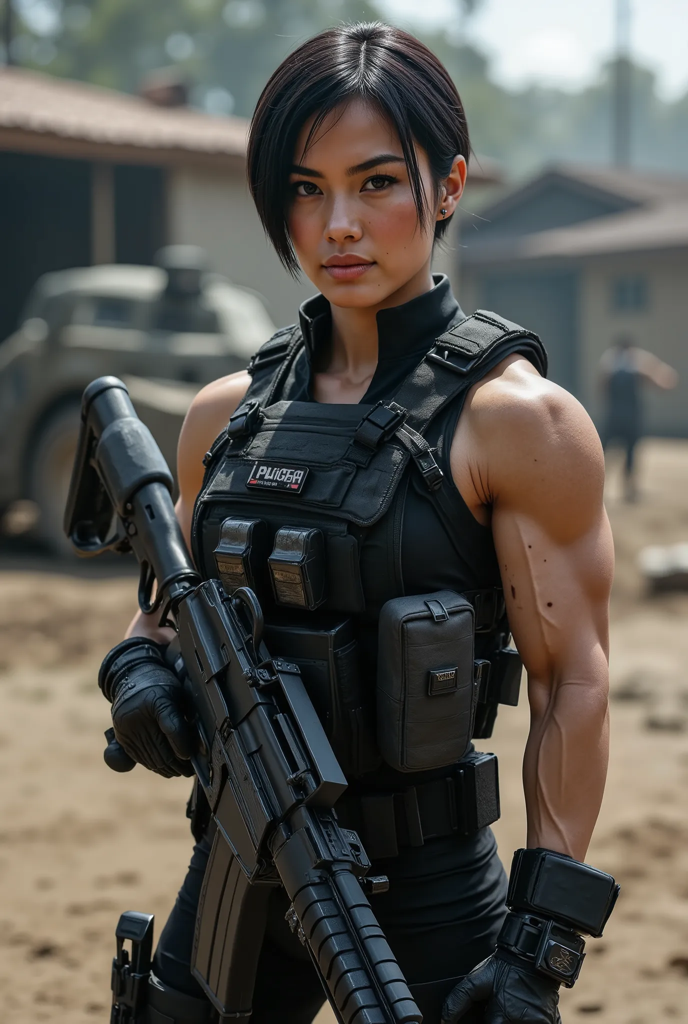 A stunning skinny asian fashion model in full black military gear with tactical vest, utility belt, handgun holster on her side, comm's device, and she is holding a large military machine gun. She has short black pixie hair. Her expression is confident. Th...