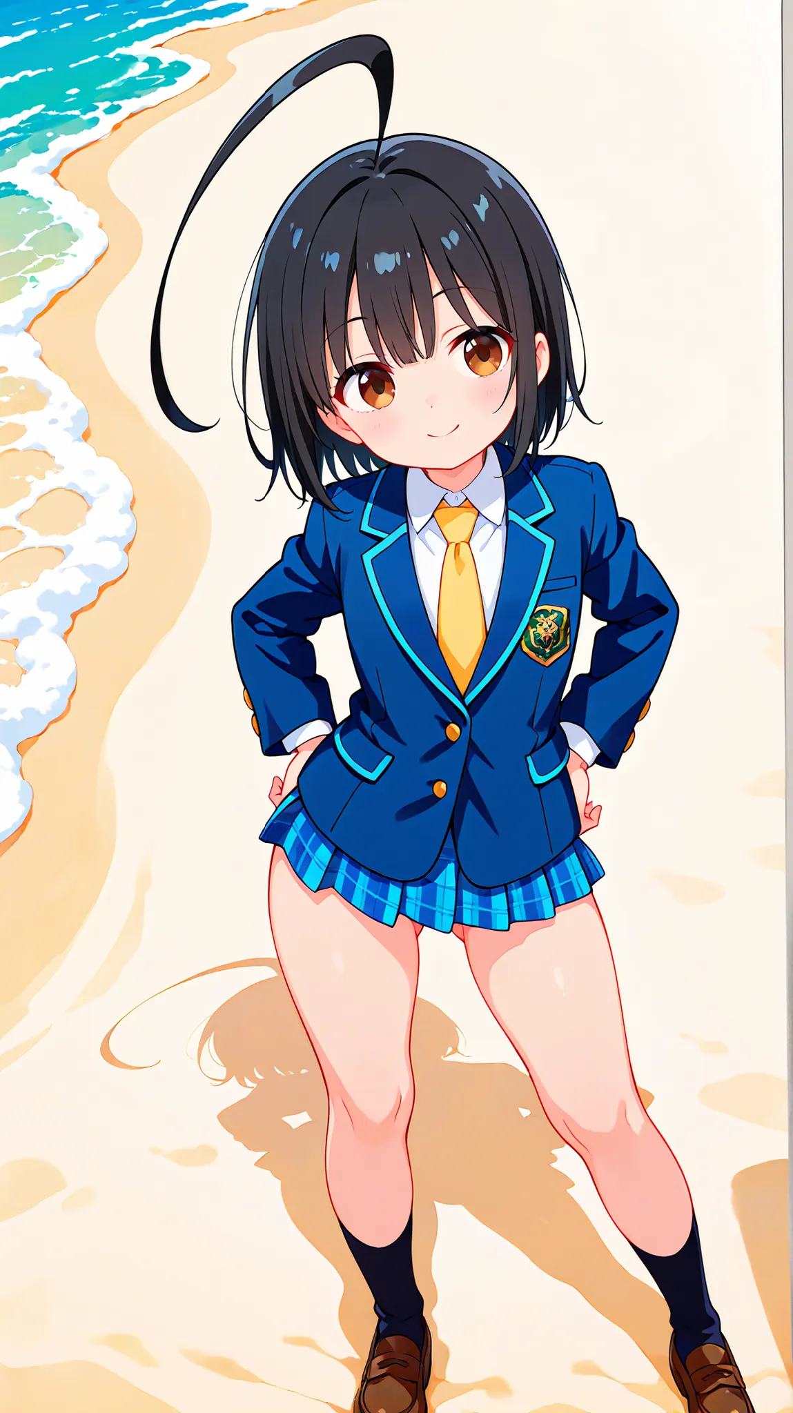 nsfw,((anime style)),score_9, score_8_up, score_7_up,masterpiece, best quality,ultra detail,(((beach))),huge ahoge, negishi masako , 1girl , ((solo)),short hair,black hair ,long bangs,brown eyes,(Flat Chest),school uniform,(((blue blazer))),light blue chec...