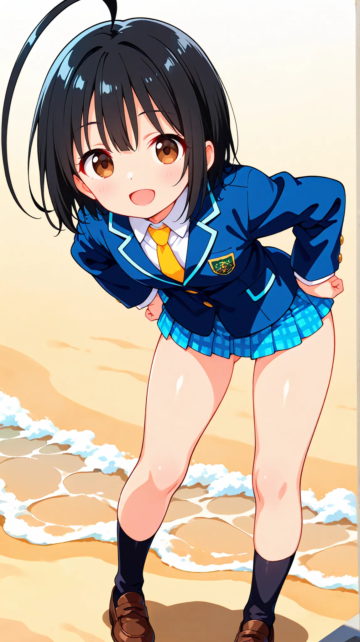 nsfw,((anime style)),score_9, score_8_up, score_7_up,masterpiece, best quality,ultra detail,(((beach))),huge ahoge, negishi masako , 1girl , ((solo)),short hair,black hair ,long bangs,brown eyes,(Flat Chest),school uniform,(((blue blazer))),light blue chec...
