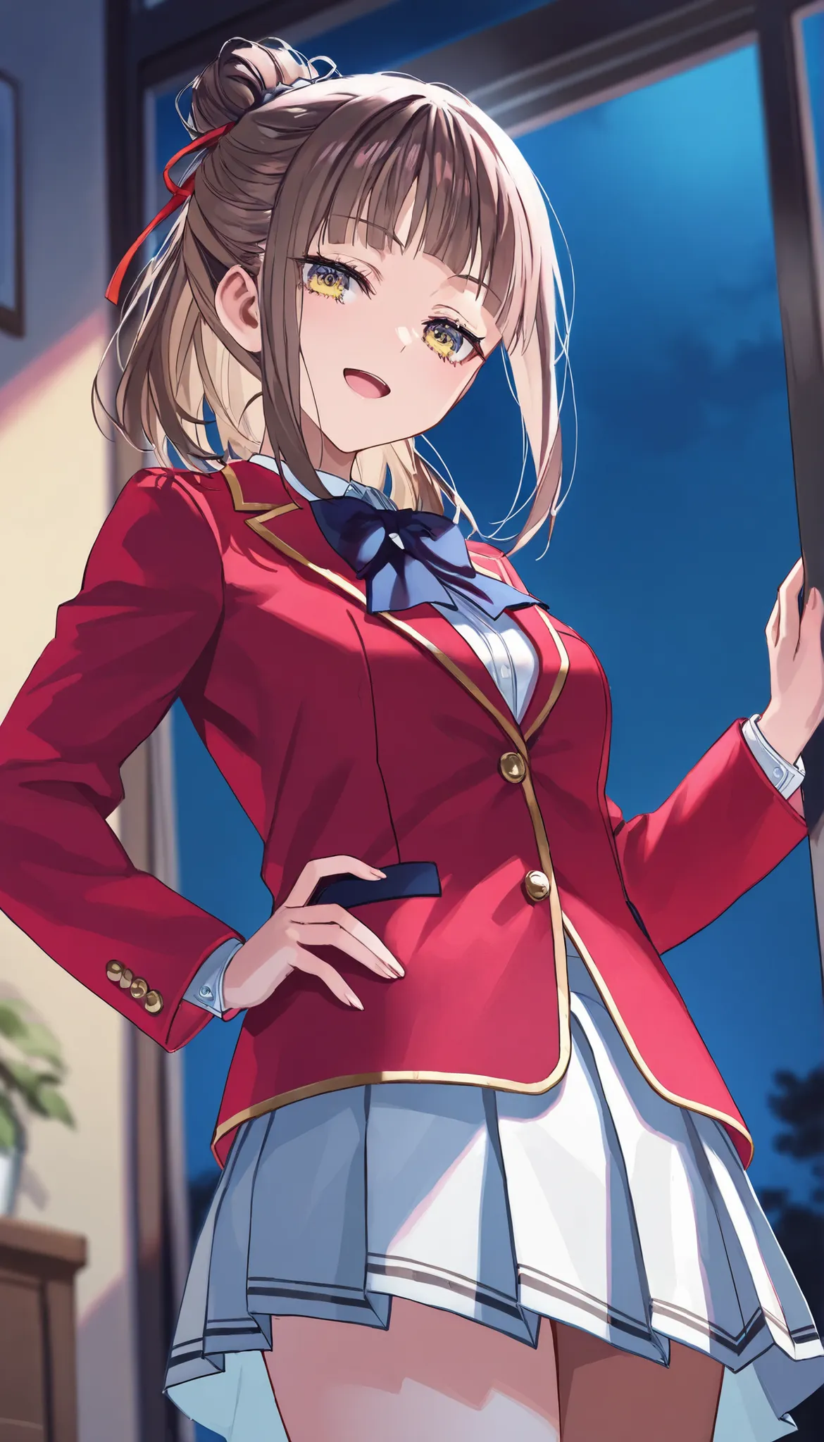 rika morofuji, brown hair, medium hair, yellow eyes , 1girl, red ribbon, red jacket school uniform, white shirt, red jacket, collared shirt, bowtie, white skirt, (happoubi jin:0.8),, by fuzichoco, by lam, by kinta \(distortion\), by lack, by quasarcake, ...