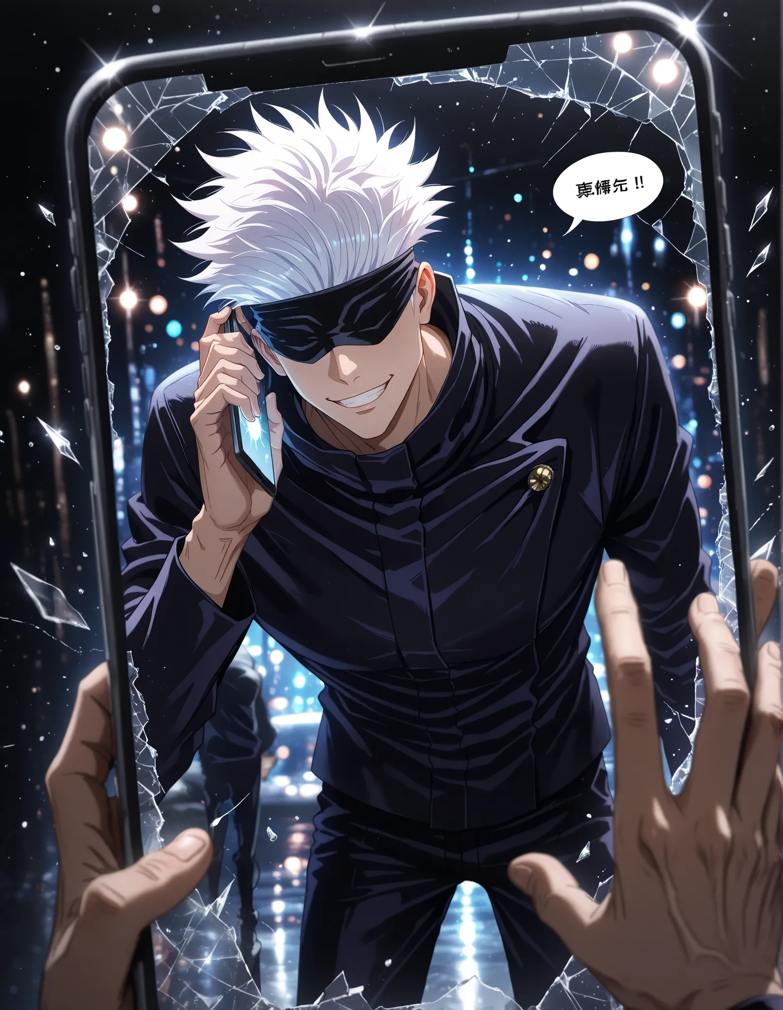 1man, adult, male focus, gojou satoru, jujutsu kaisen, white hair, short hair,, black blindfold, muscular male, sexy man, handsome man, handsome face, mature, jujutsu tech uniform, black jacket, black pants, outstretched hand, hand focus, bending forward...