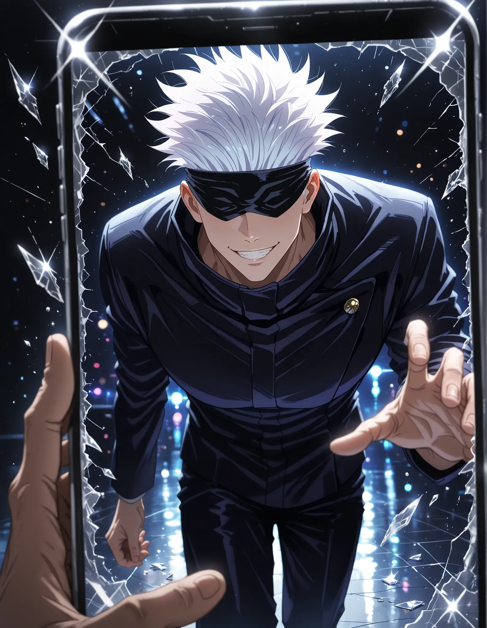 1man, adult, male focus, gojou satoru, jujutsu kaisen, white hair, short hair,, black blindfold, muscular male, sexy man, handsome man, handsome face, mature, jujutsu tech uniform, black jacket, black pants, outstretched hand, hand focus, bending forward...
