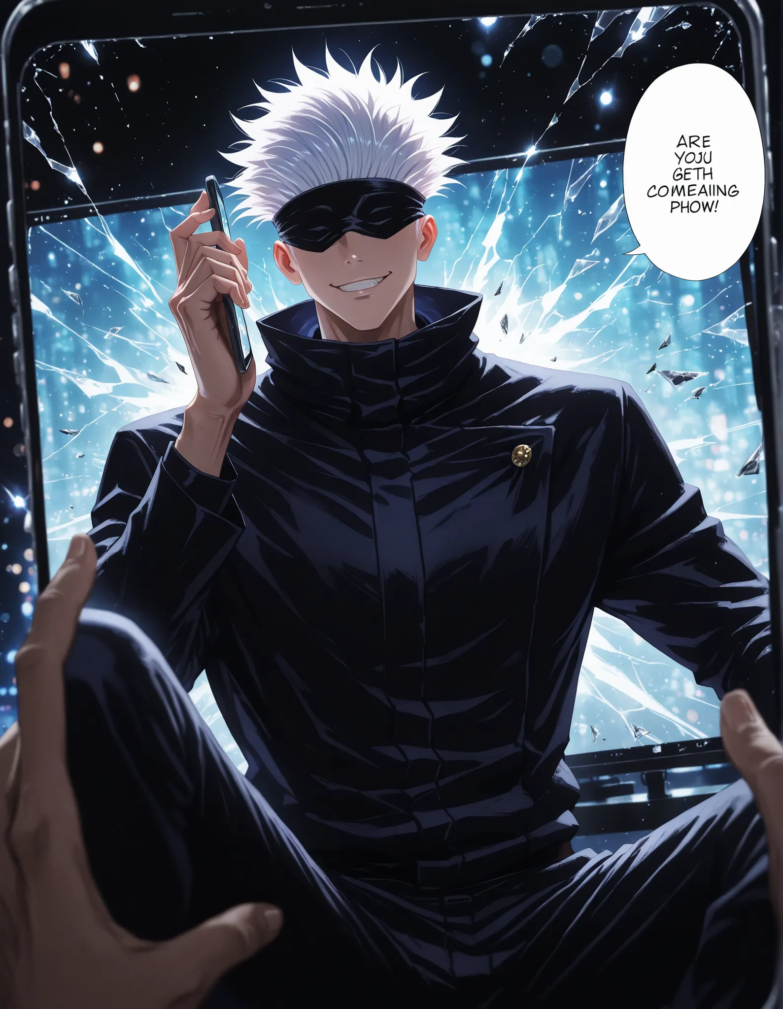 1man, adult, male focus, gojou satoru, jujutsu kaisen, white hair, short hair, black blindfold, muscular male, sexy man, handsome man, handsome face, mature, jujutsu tech uniform, black jacket, black pants, lehnt sich nach vorn durch den telefonbildschirm...