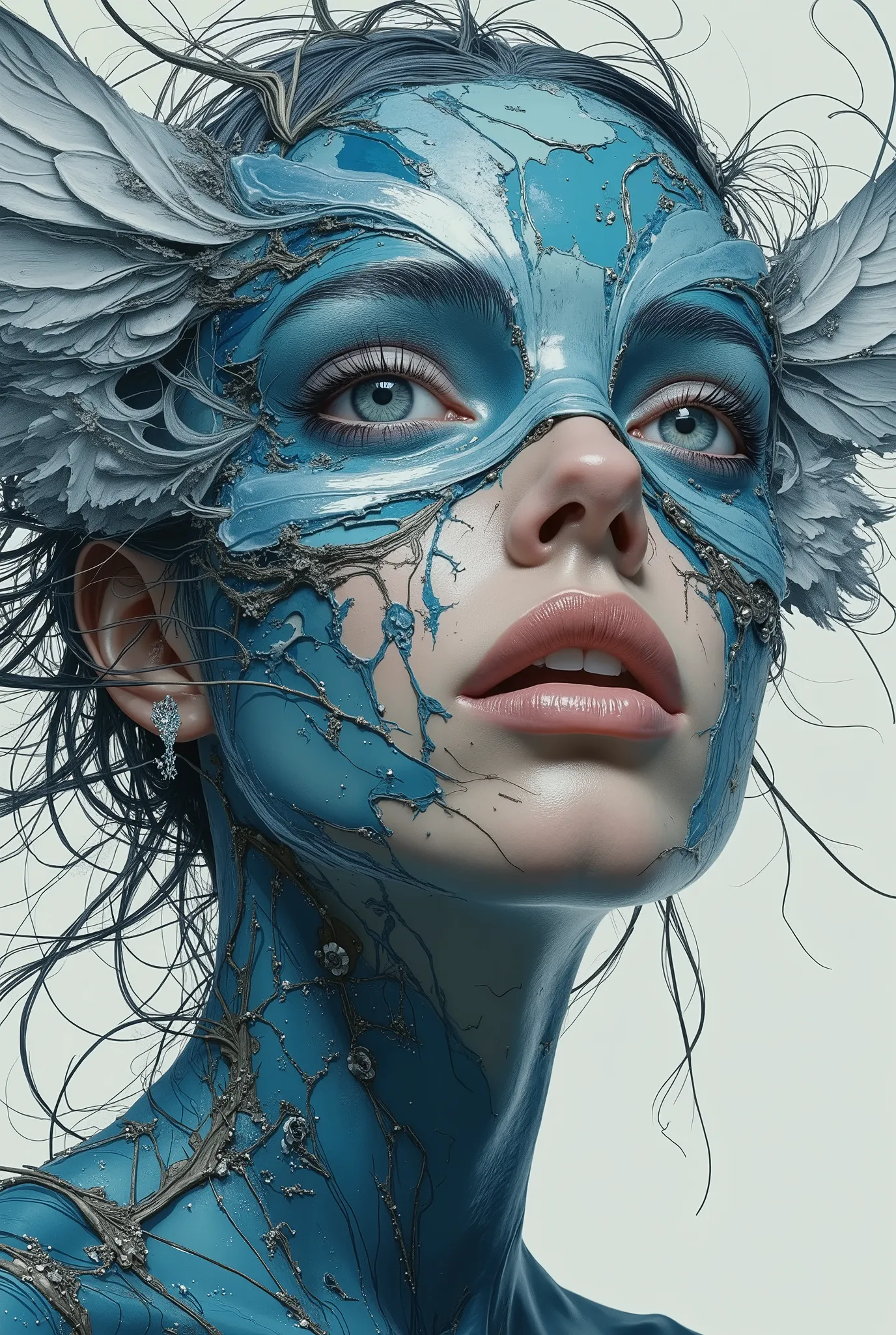 Mad Scientist's Mad Woman ,A woman said " I'm Electric Signals "Detailed lines 、blue,White, surreal collage、a contemporary artistic collage、 collage artwork, New Album Jacket, Great Job !!! ,digital collage,( collage ), collage art、contemporary c...
