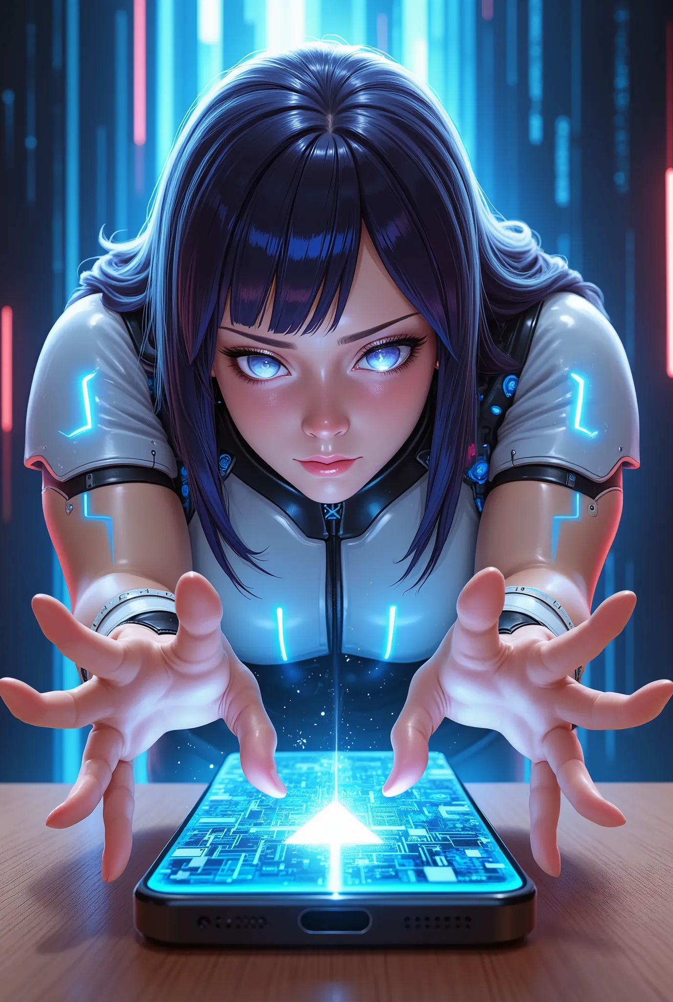 Anime-style sci-fi comedy scene. her hand reaching towards the viewer with a desperate plea in her eyes、 wince,Woman buried from the waist down and unable to get out.Hard-working expression.reaching out to the viewer for help.
A cool, cybernetic female war...